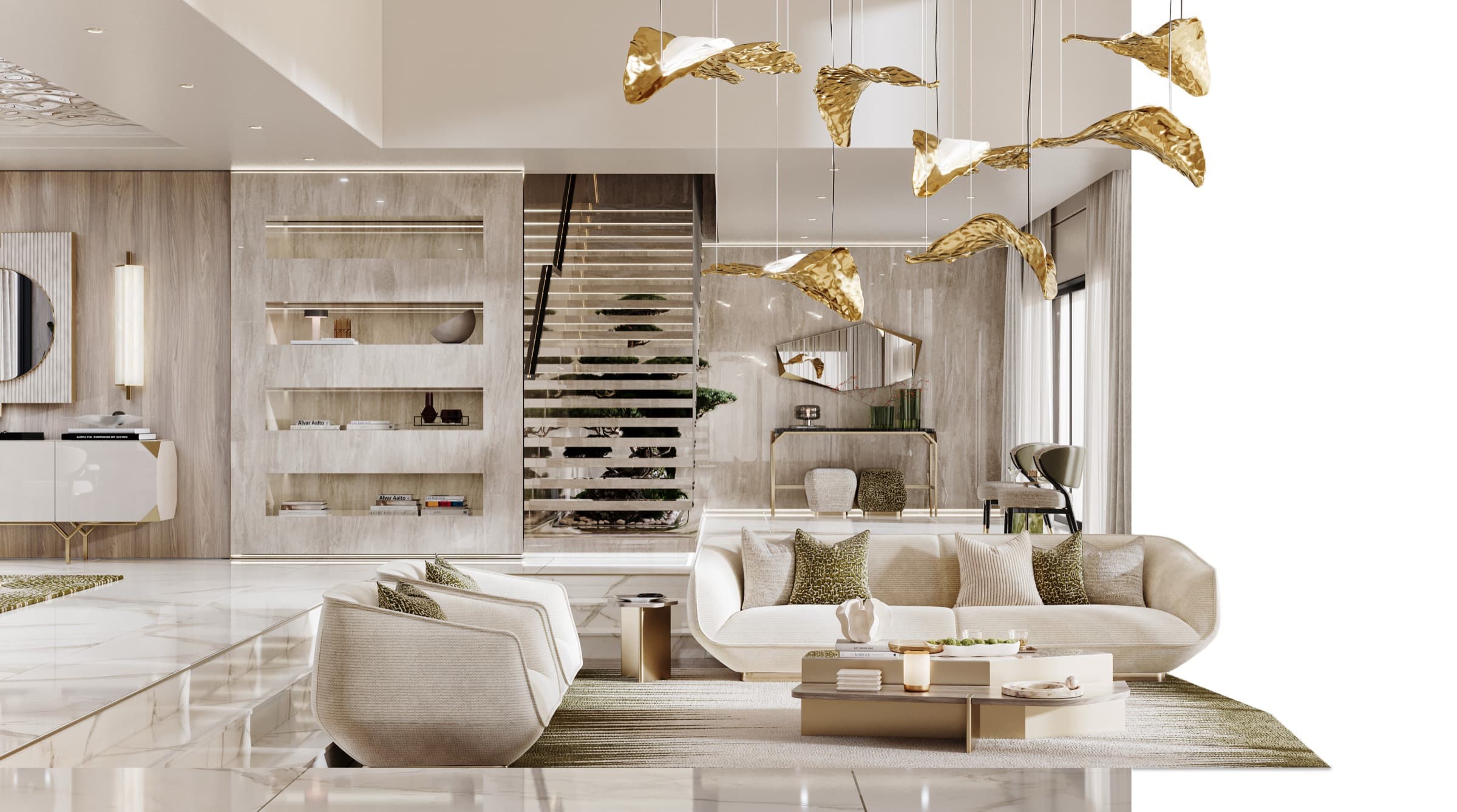 Brasília living room — curved cream bouclé seating around a stone coffee table beneath a sculptural gold pendant installation