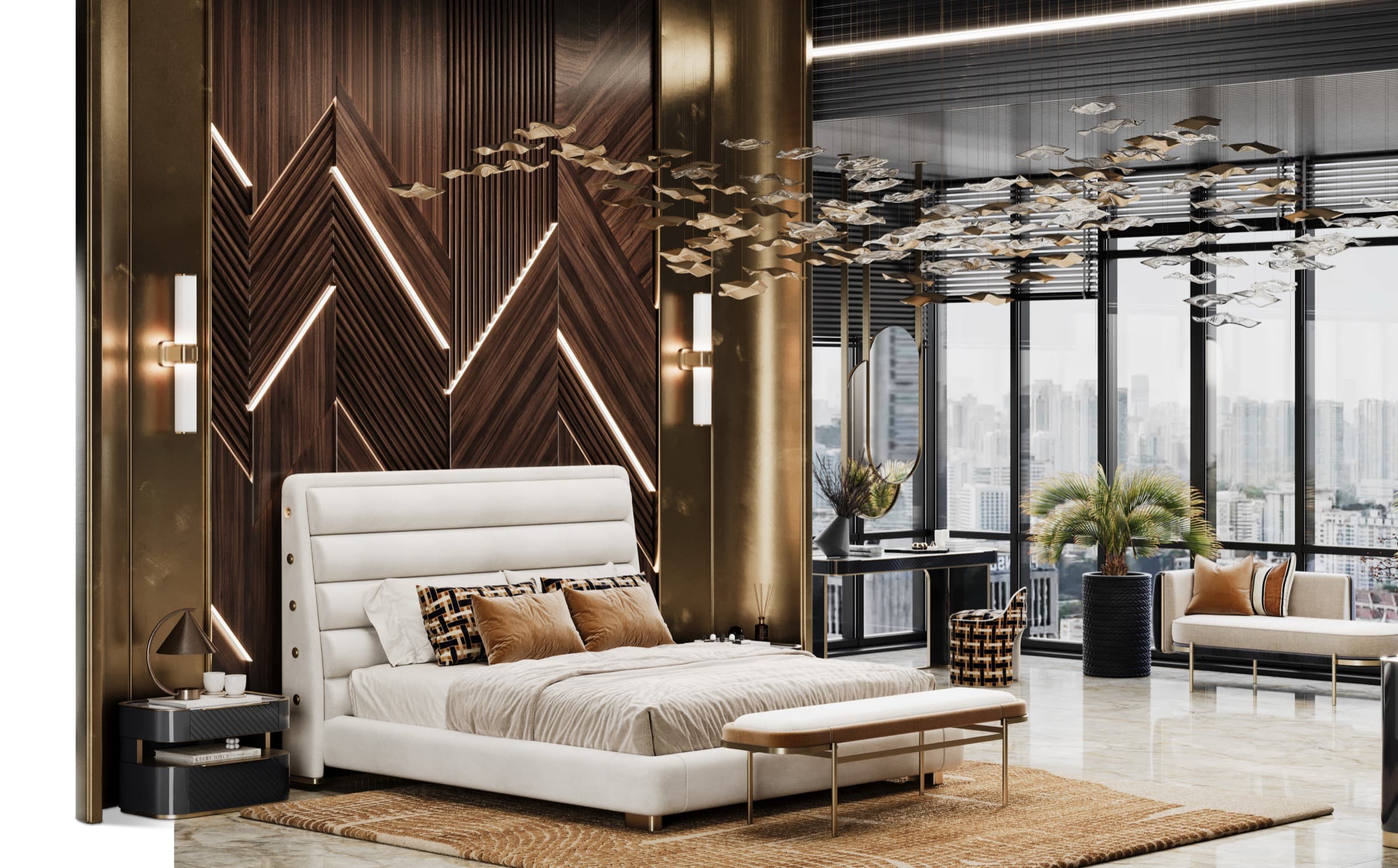 Megève bedroom — a cream channel-tufted bed against a backlit walnut-chevron and brass wall with a gilded ceiling sculpture and skyline windows