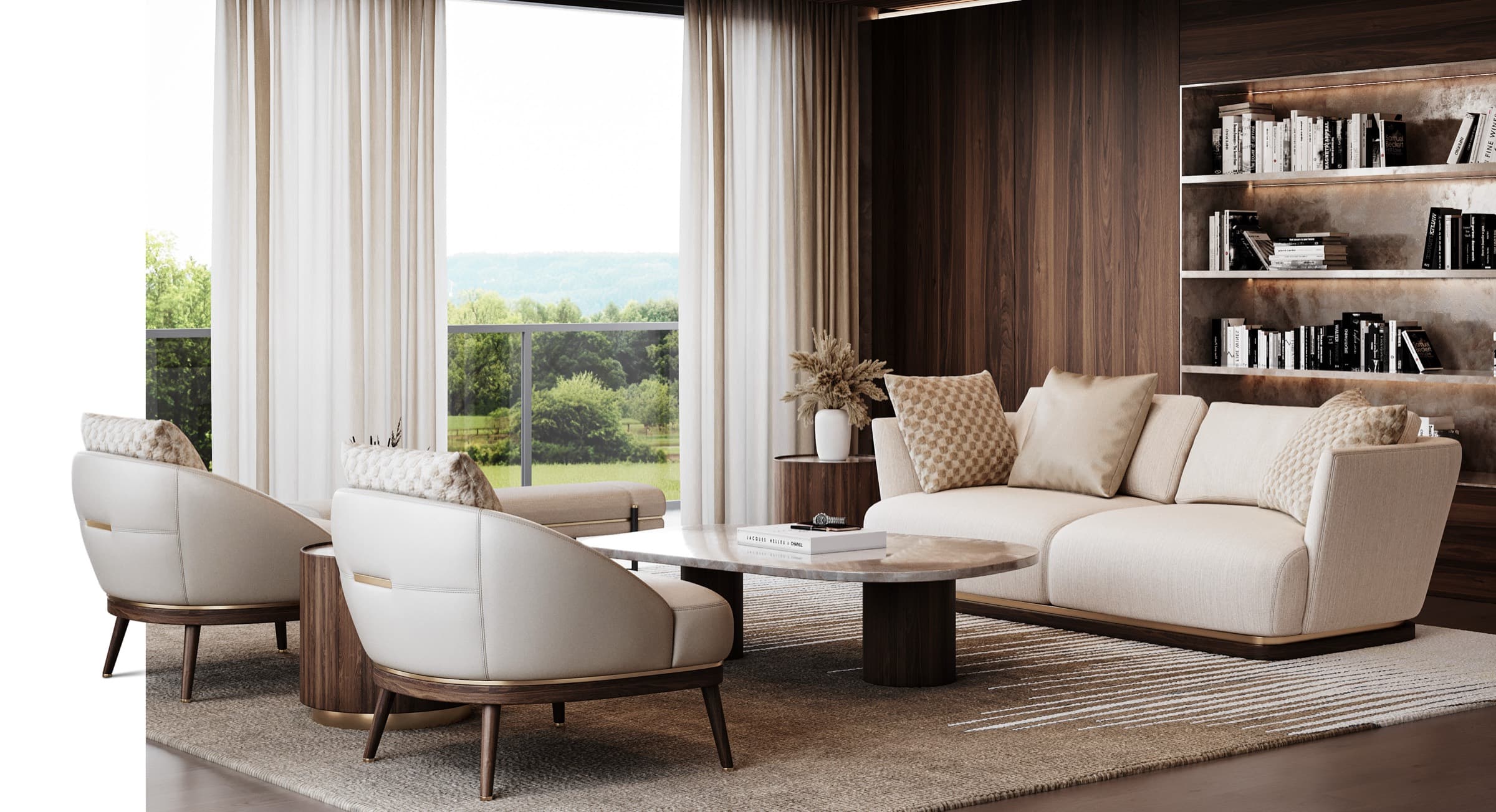 Sala de estar Valletta — um sofá creme sobre base curva em nogueira, com cadeiras giratórias em pele e uma mesa oval em travertino diante de prateleiras suspensas retroiluminadas