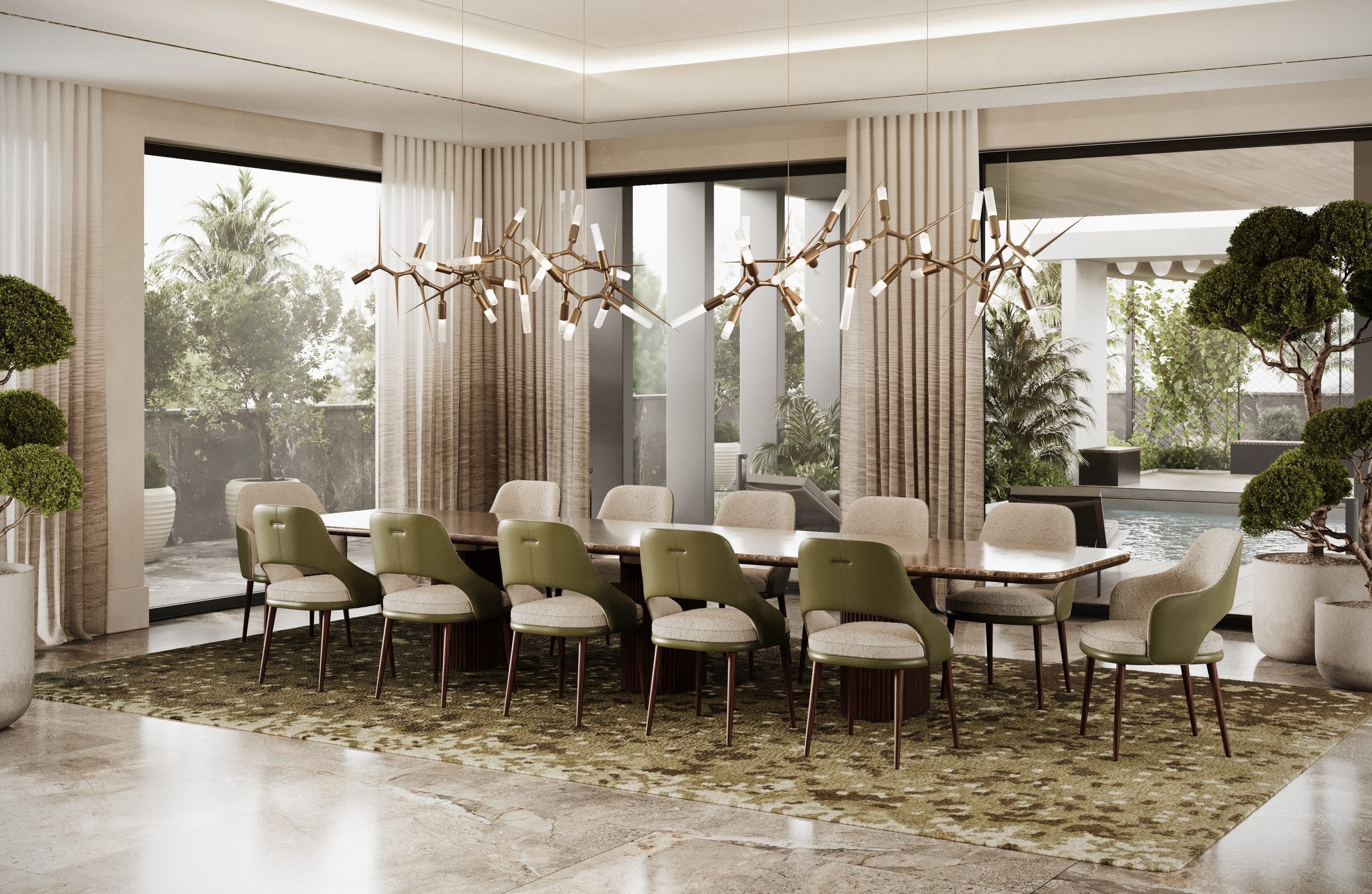 Long dining table ringed with olive leather and cream bouclé chairs beneath two branching brass chandeliers