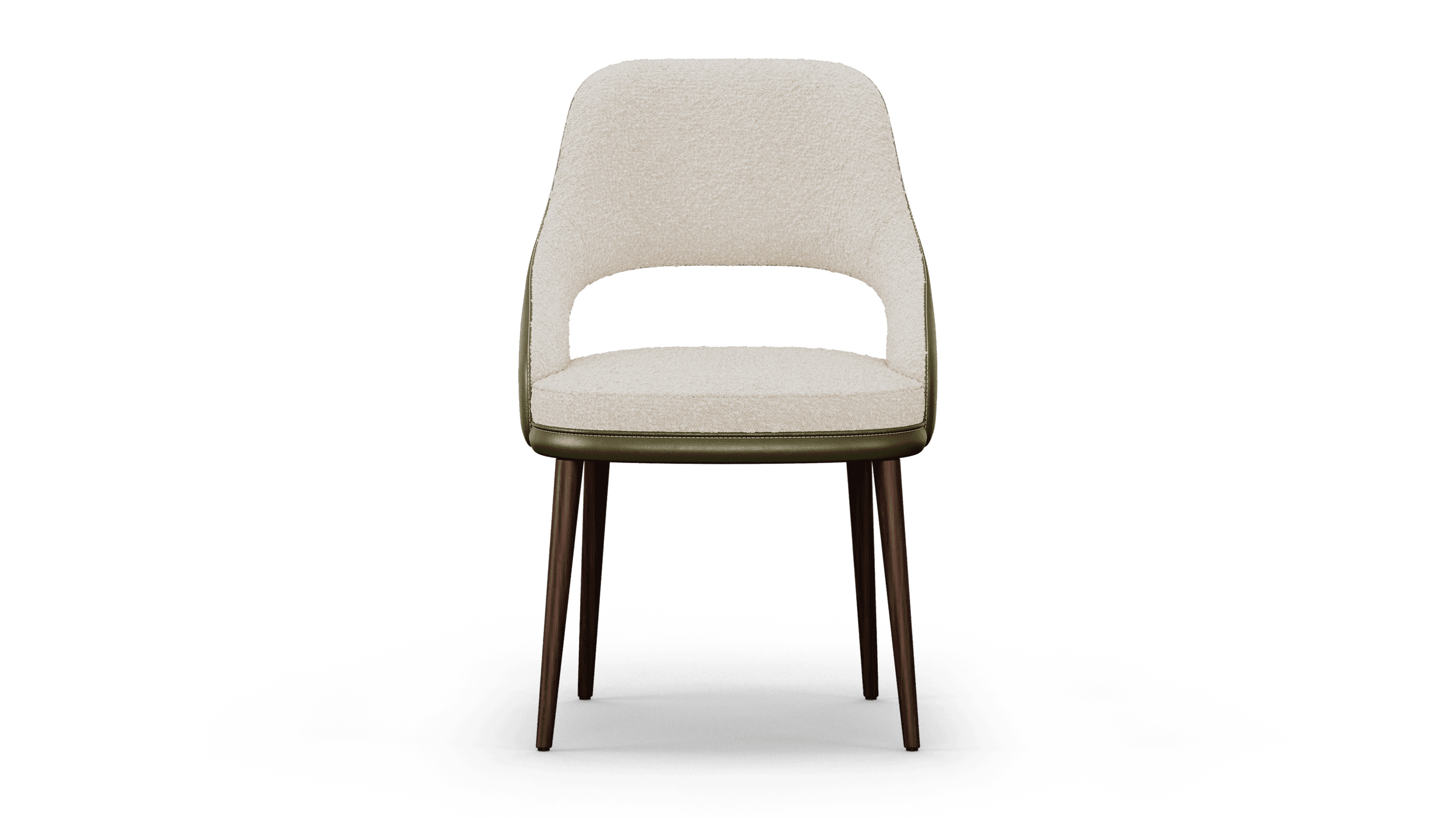 Front elevation of the armless chair, a crescent of open space cut between the back and the seat