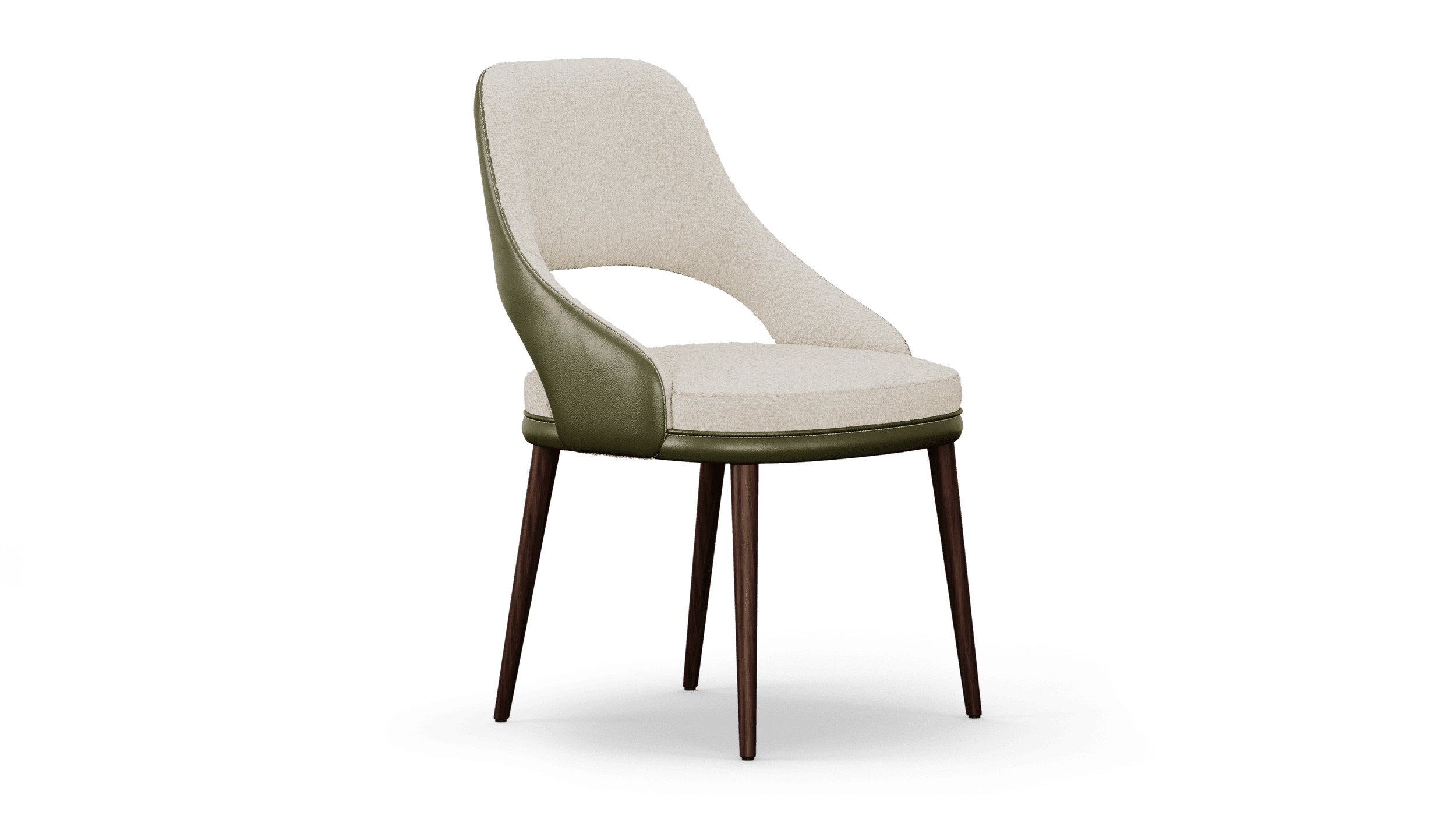 Armless dining chair at three-quarters, a cream bouclé back and seat set within an olive leather shell
