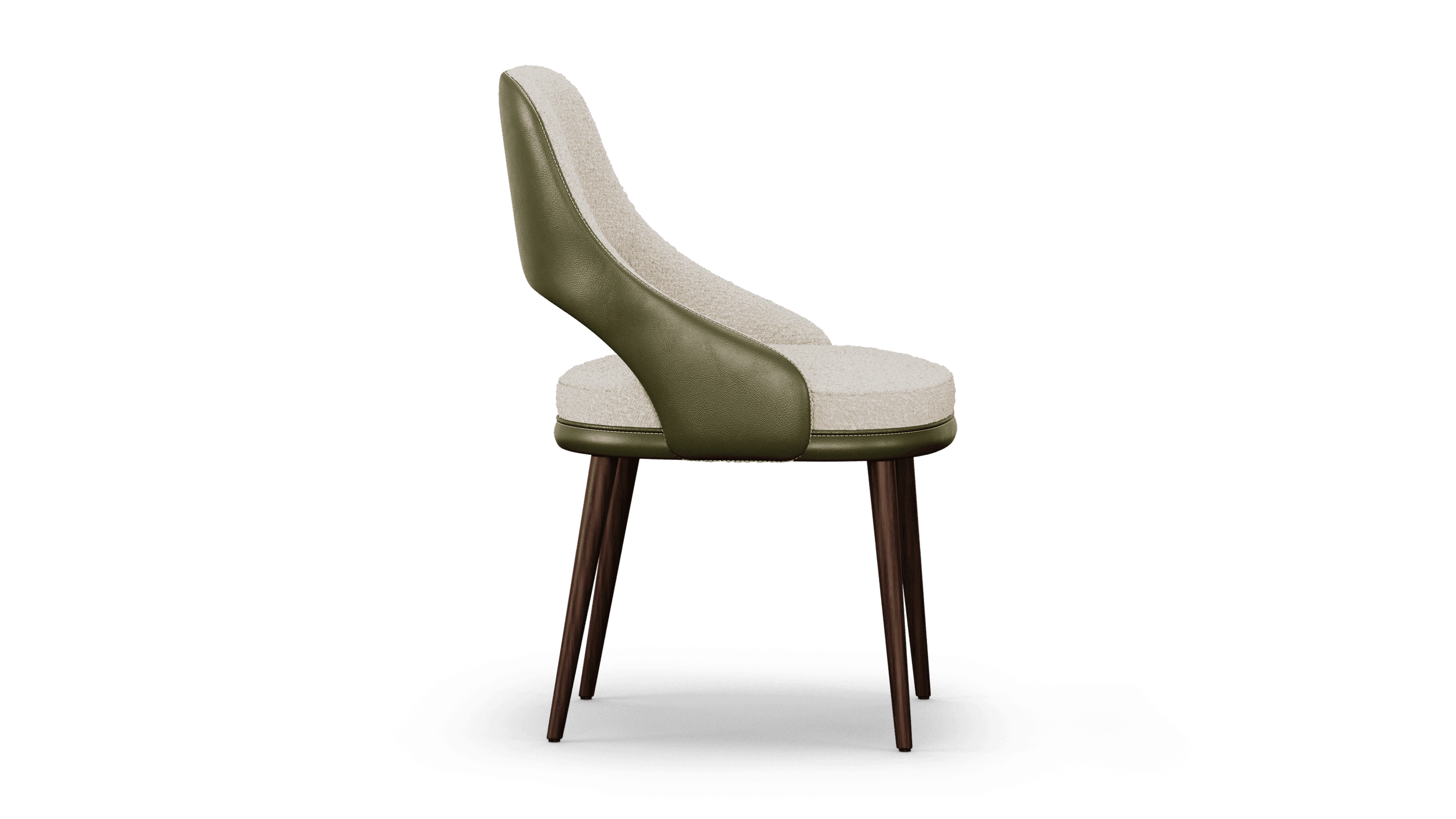Side profile, the leather shell sweeping from the top of the back down to the seat rail