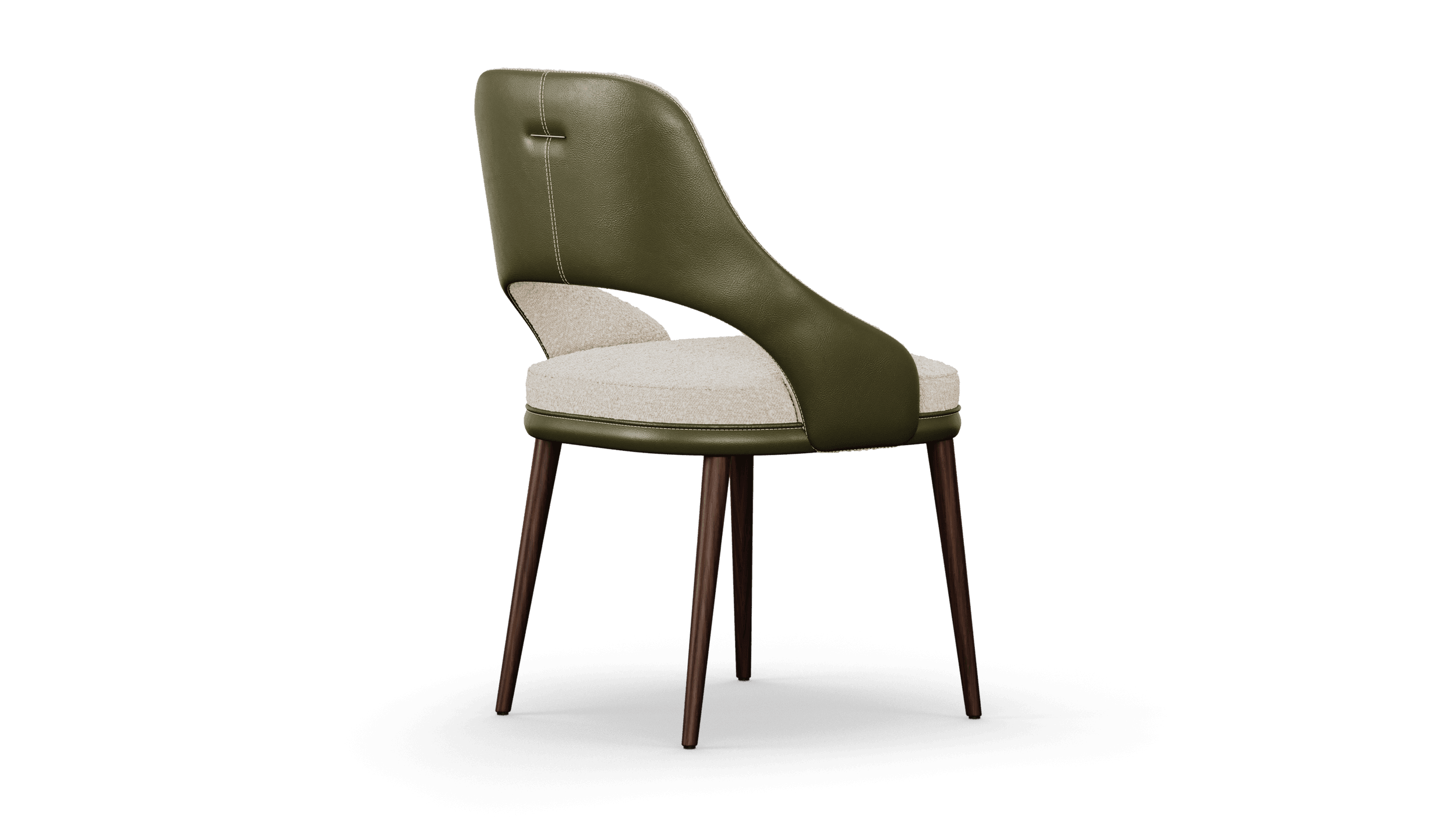 Rear three-quarter view showing the seamed olive leather back and the tapered legs
