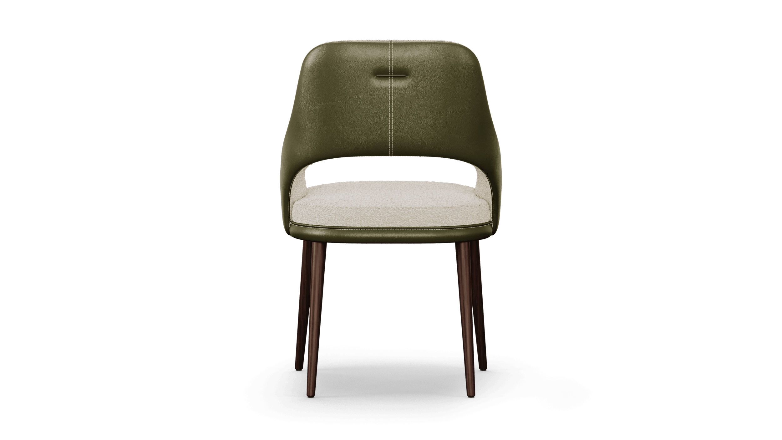 The chair from behind, its rounded leather back marked by one stitched pull