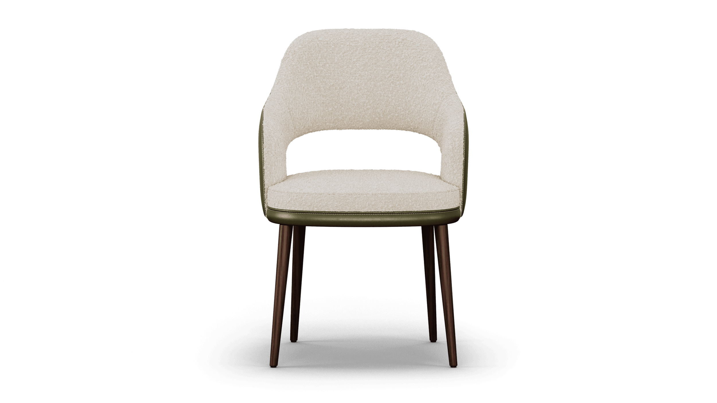 Front elevation of the armchair, the open crescent between back and seat framed by two low arms