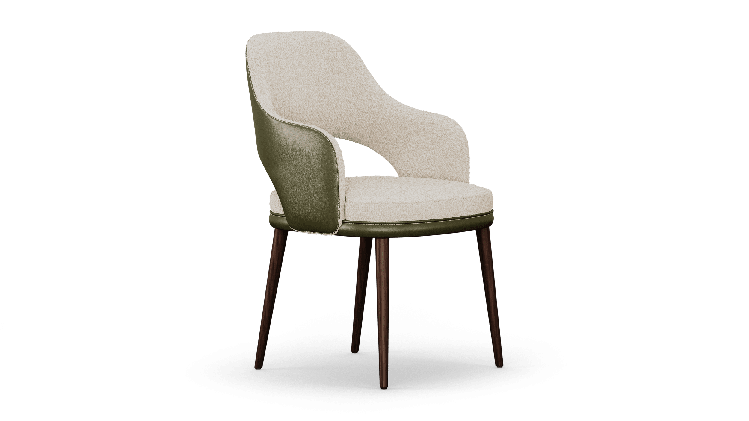 Dining armchair at three-quarters, an olive leather shell curving down into low arms around a cream bouclé seat