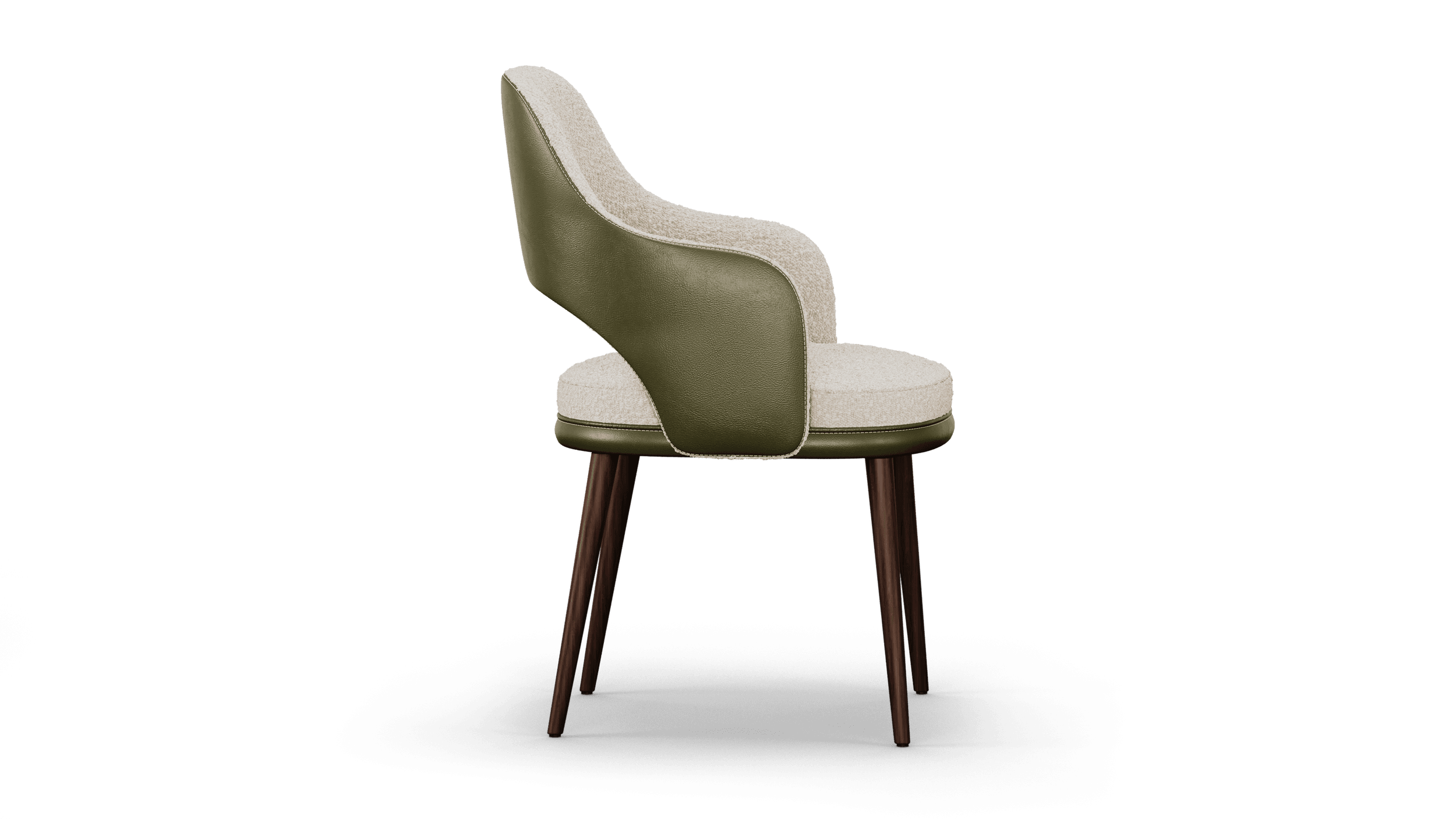 Side profile, the leather shell falling from the top of the back into the arm in one unbroken line