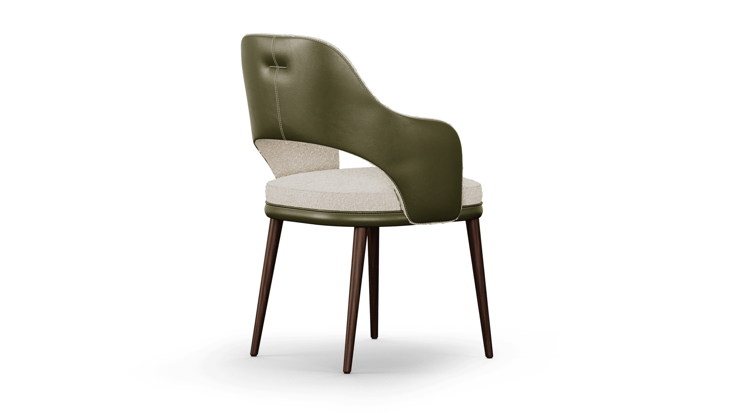 Rear three-quarter view, the olive leather back closed by a single seam and a small stitched pull