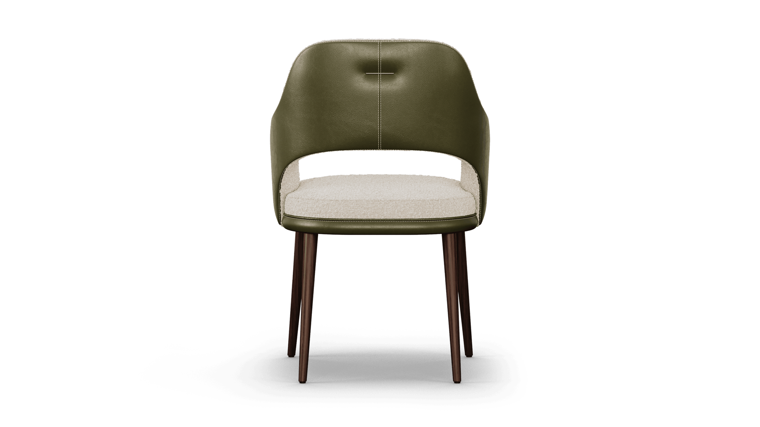 The armchair from behind, an unbroken leather back above four tapered wooden legs