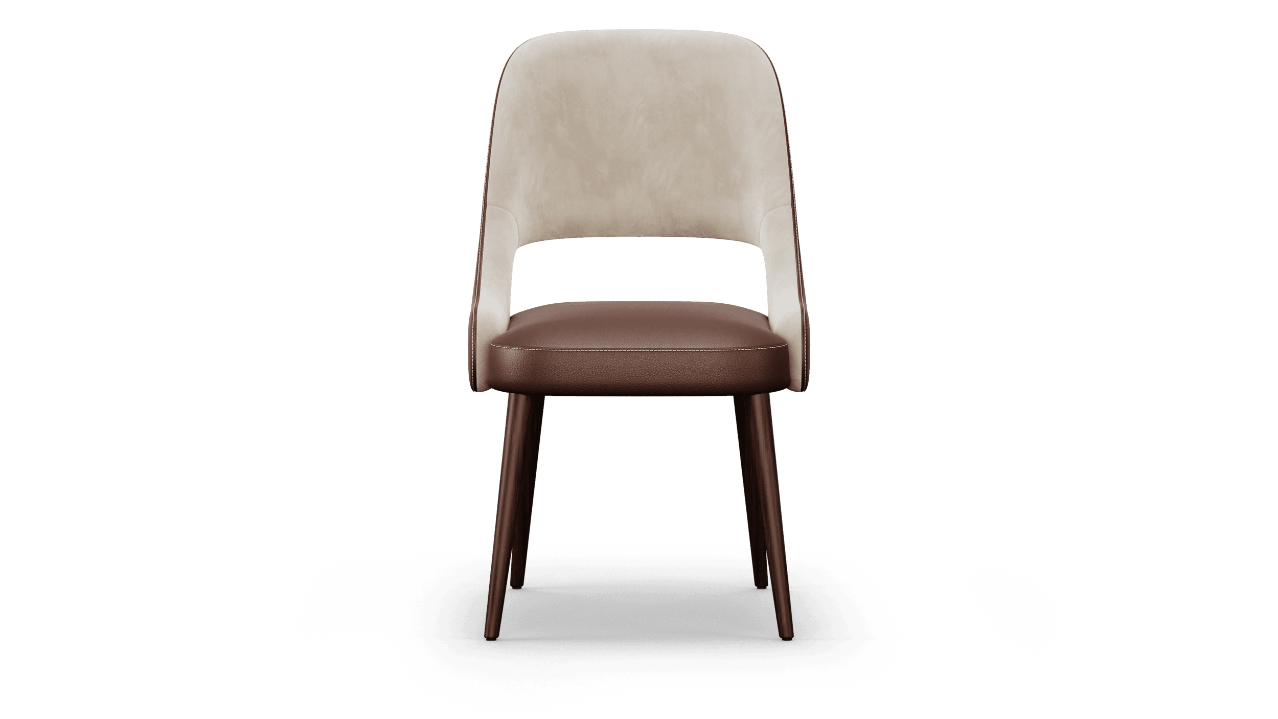 Front elevation of the armless chair, ivory back panel above an oxblood leather seat