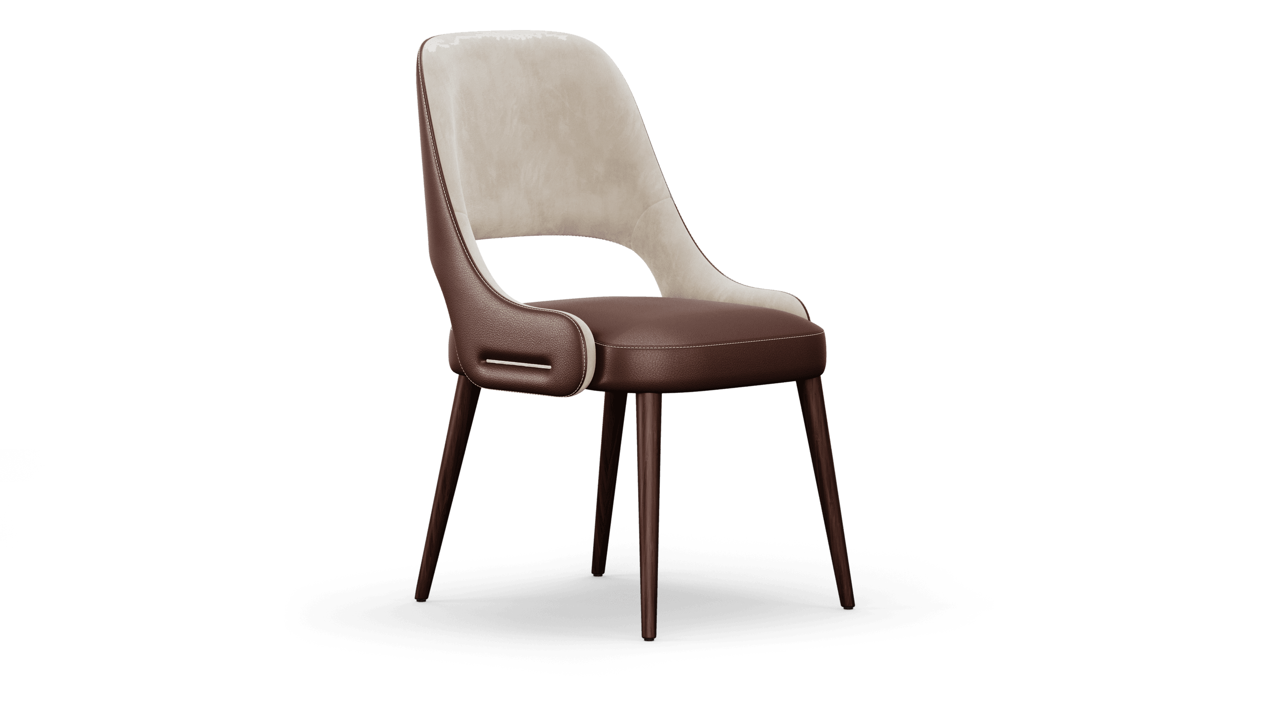 Armless dining chair at three-quarters, an ivory inner back held within an oxblood leather shell