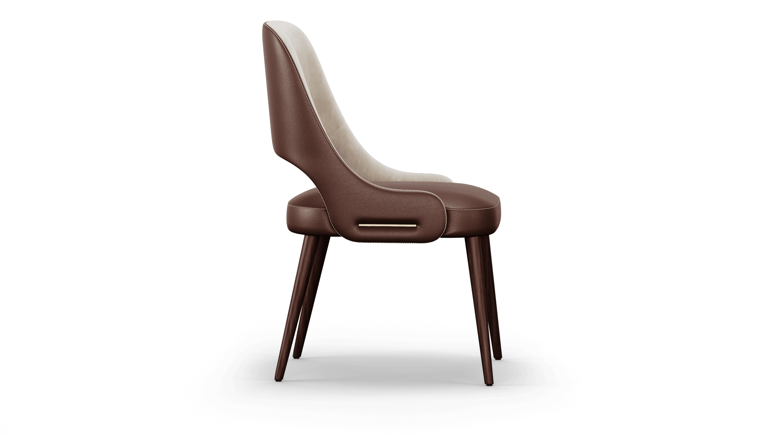Side profile showing the recessed pull in the leather back and the fine tapered legs