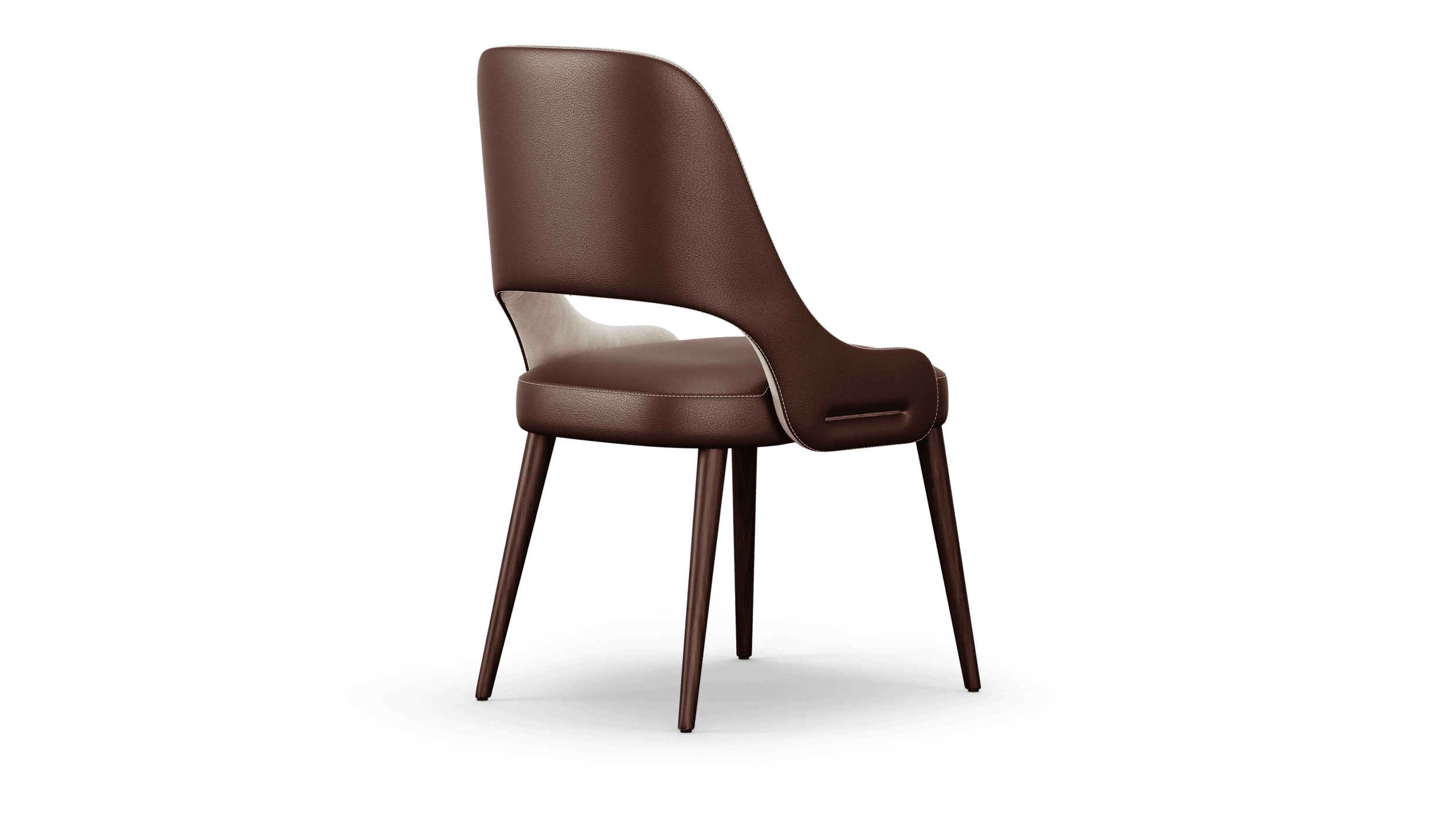 Rear three-quarter view of the oxblood leather back above four splayed legs