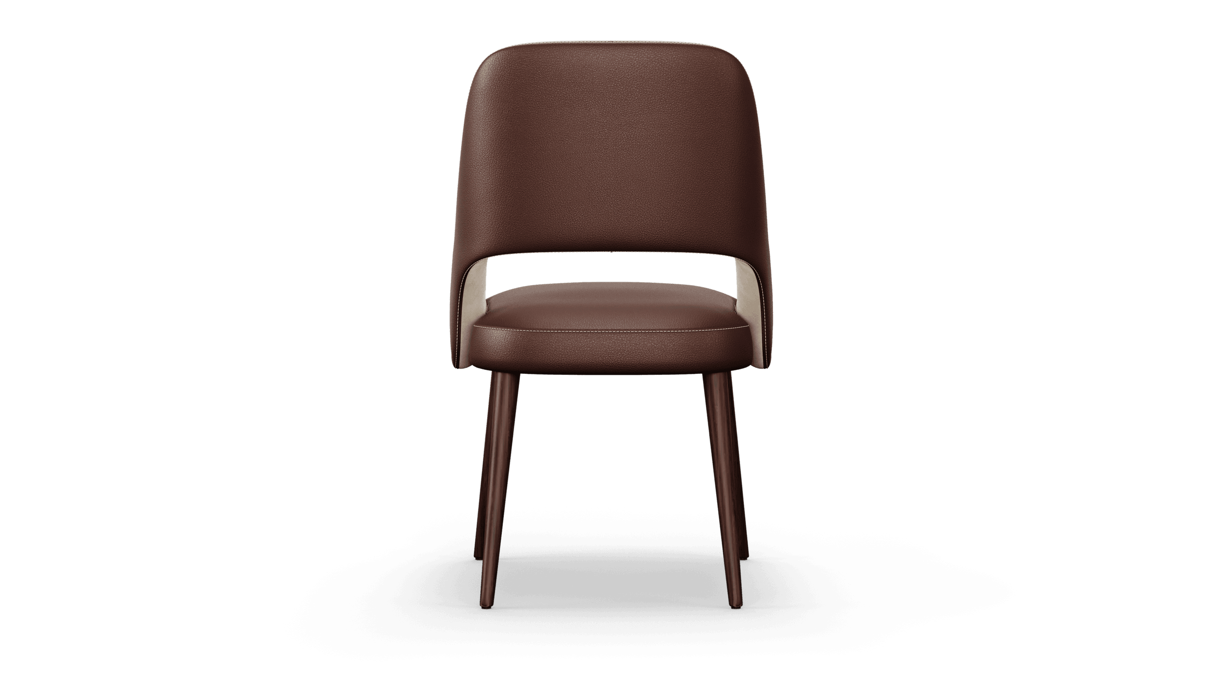 The chair from behind, a single curved leather panel closing the back