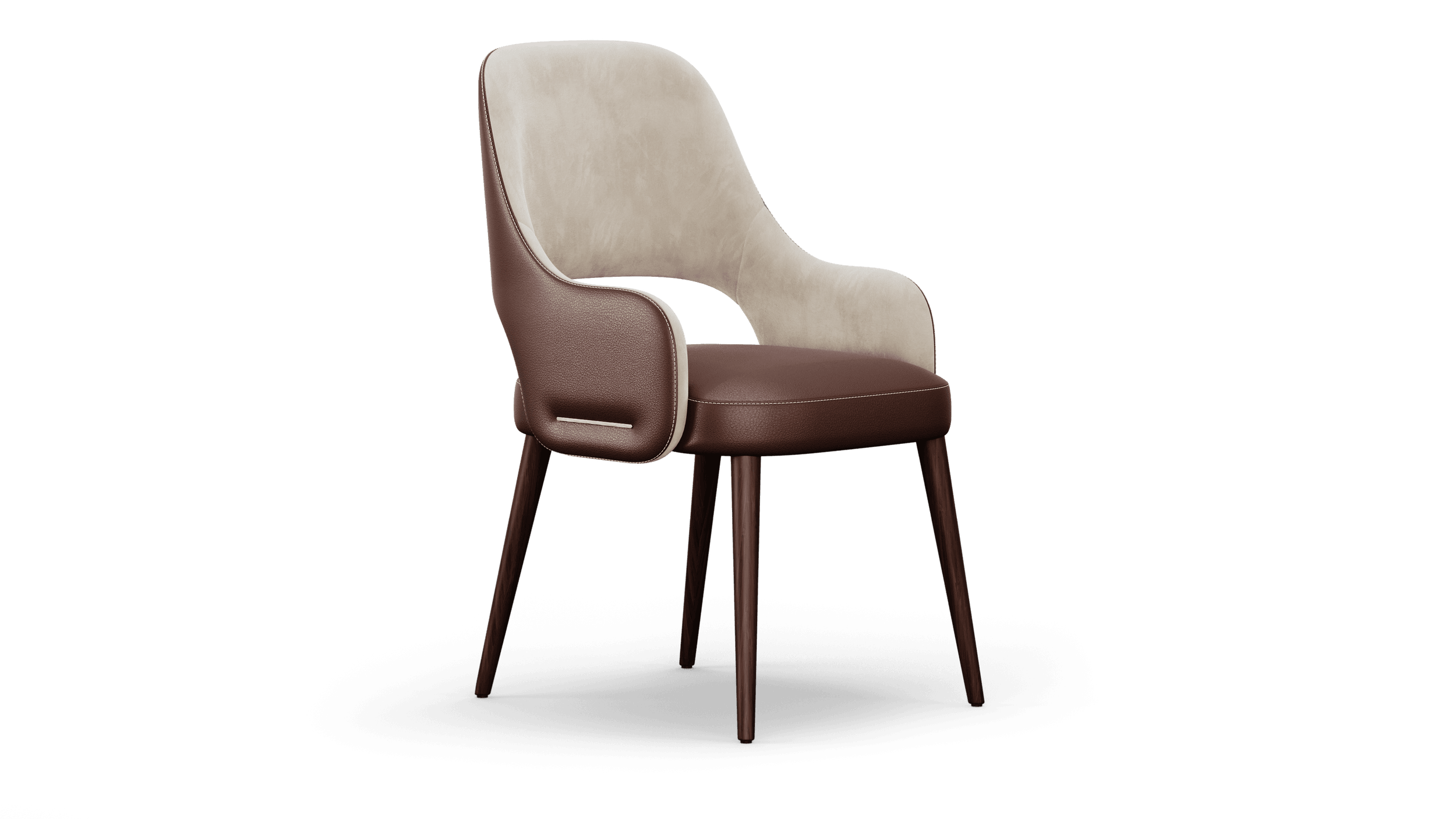Dining armchair at three-quarters, an oxblood leather shell and low arms wrapped around an ivory inner back