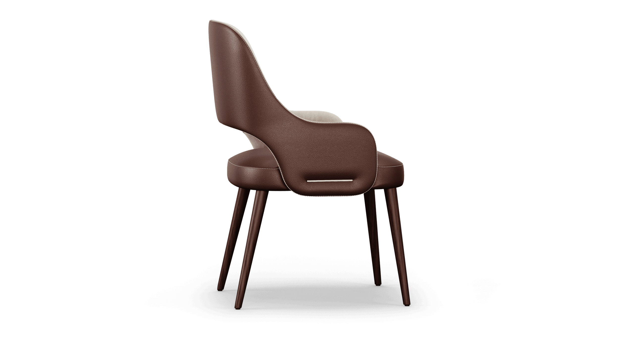 Side profile with the slim recessed pull cut into the leather back