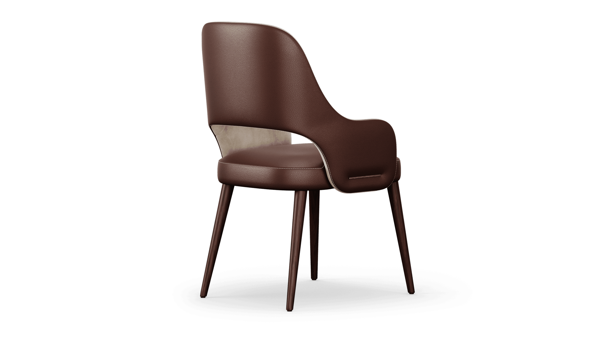 Rear three-quarter view, the oxblood shell curving inward above tapered wooden legs