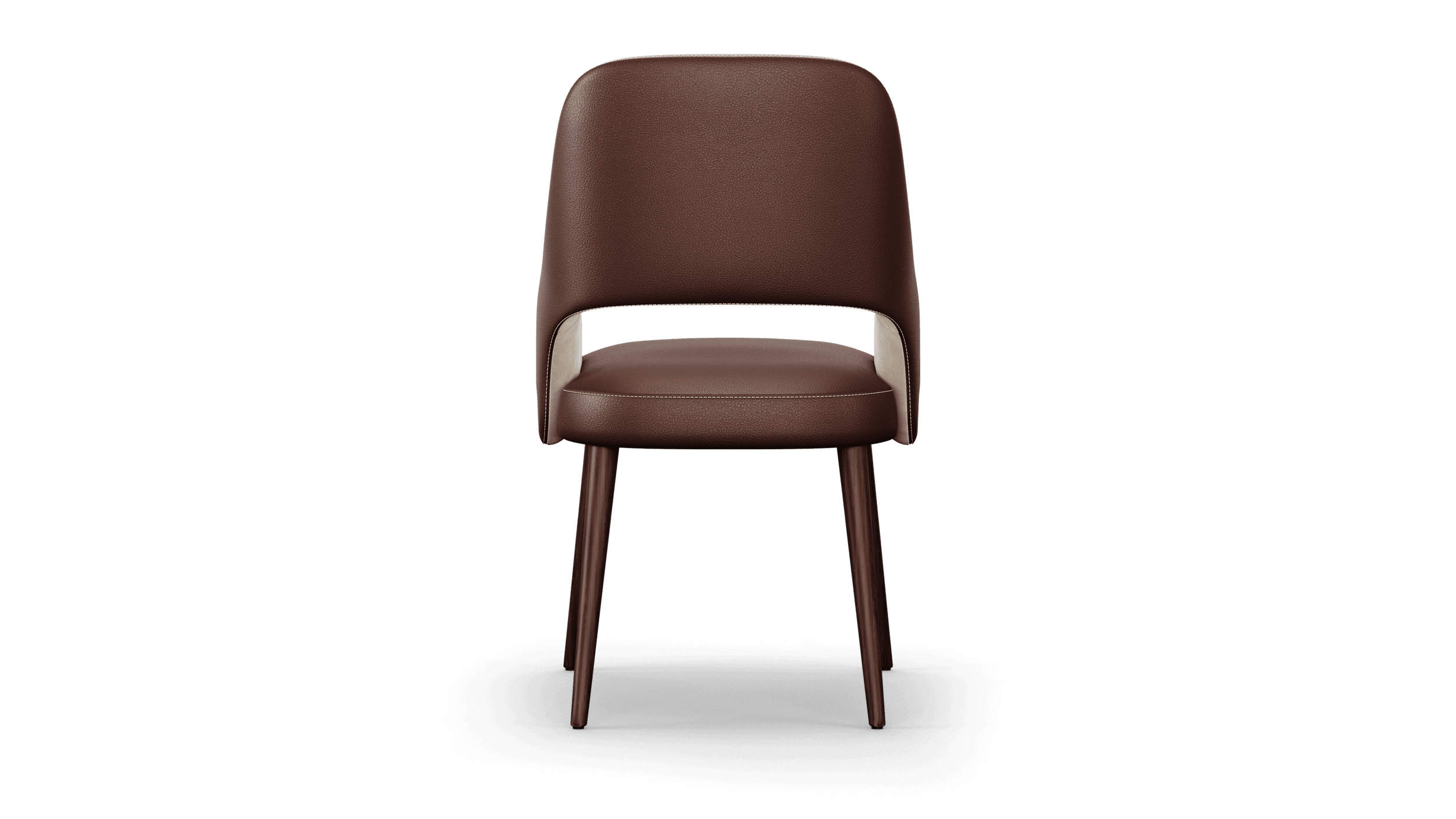 The armchair from behind, an unbroken leather back over four tapered legs