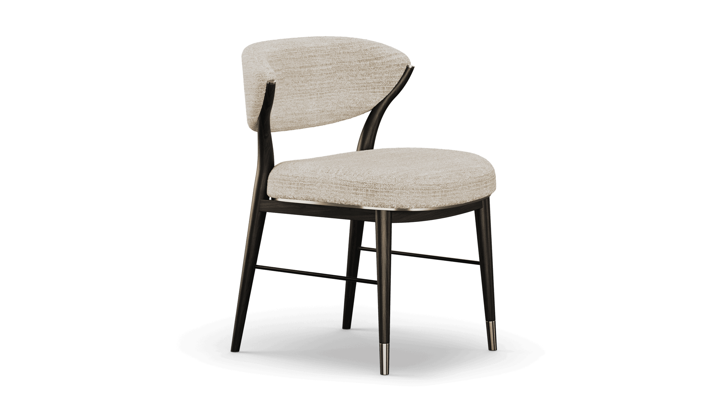 Front three-quarter view, cream upholstery on tapered black legs with brass tips