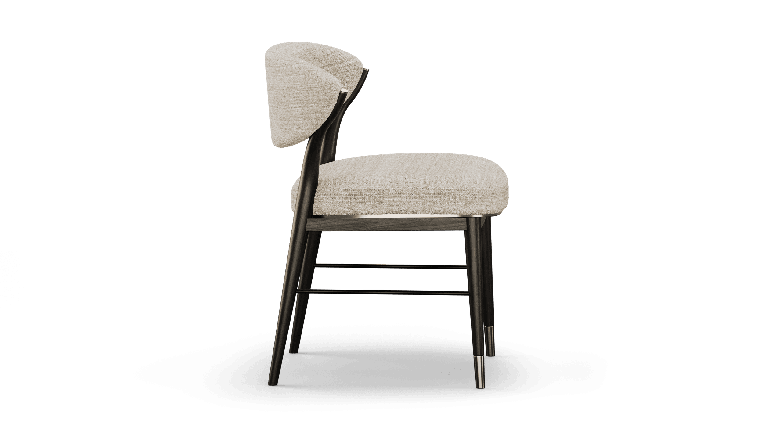 Side profile of the armless chair, showing the back's curve and stretchered legs