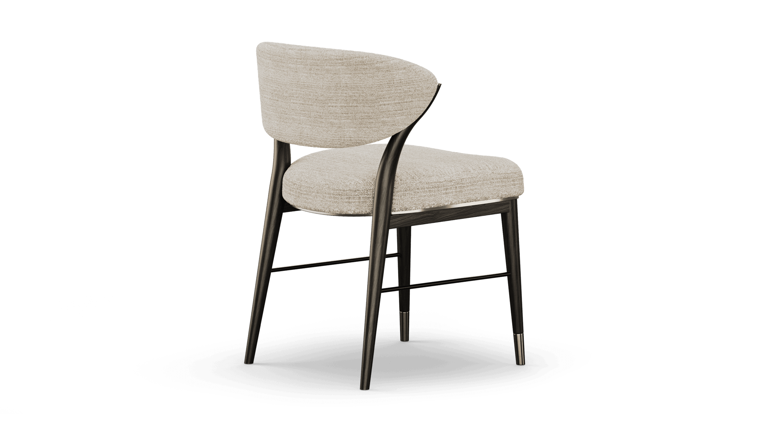 Rear three-quarter view of the armless chair, curved back over a black oak frame