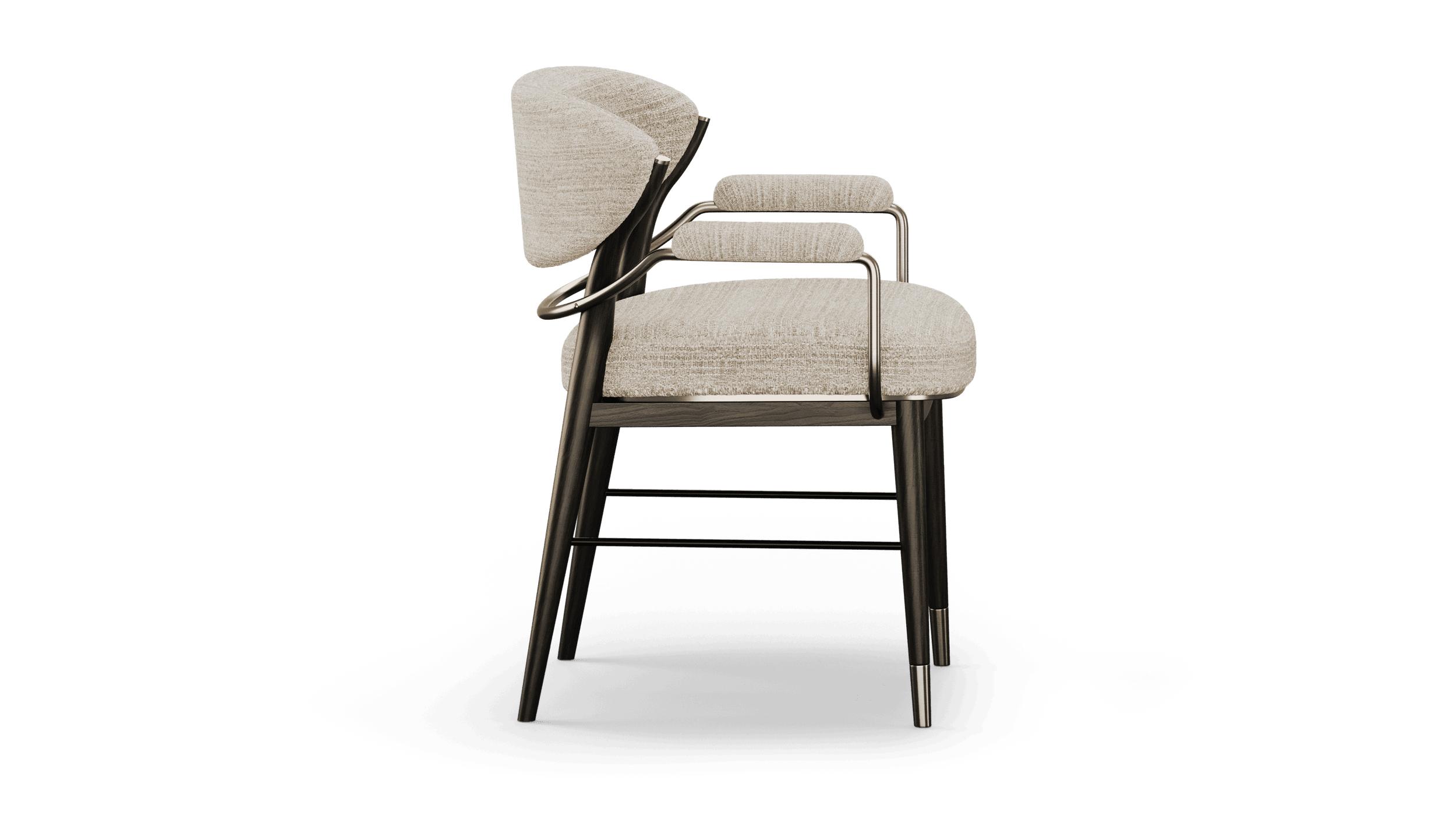 Side profile showing the curved back, brass armrail and stretchered tapered legs