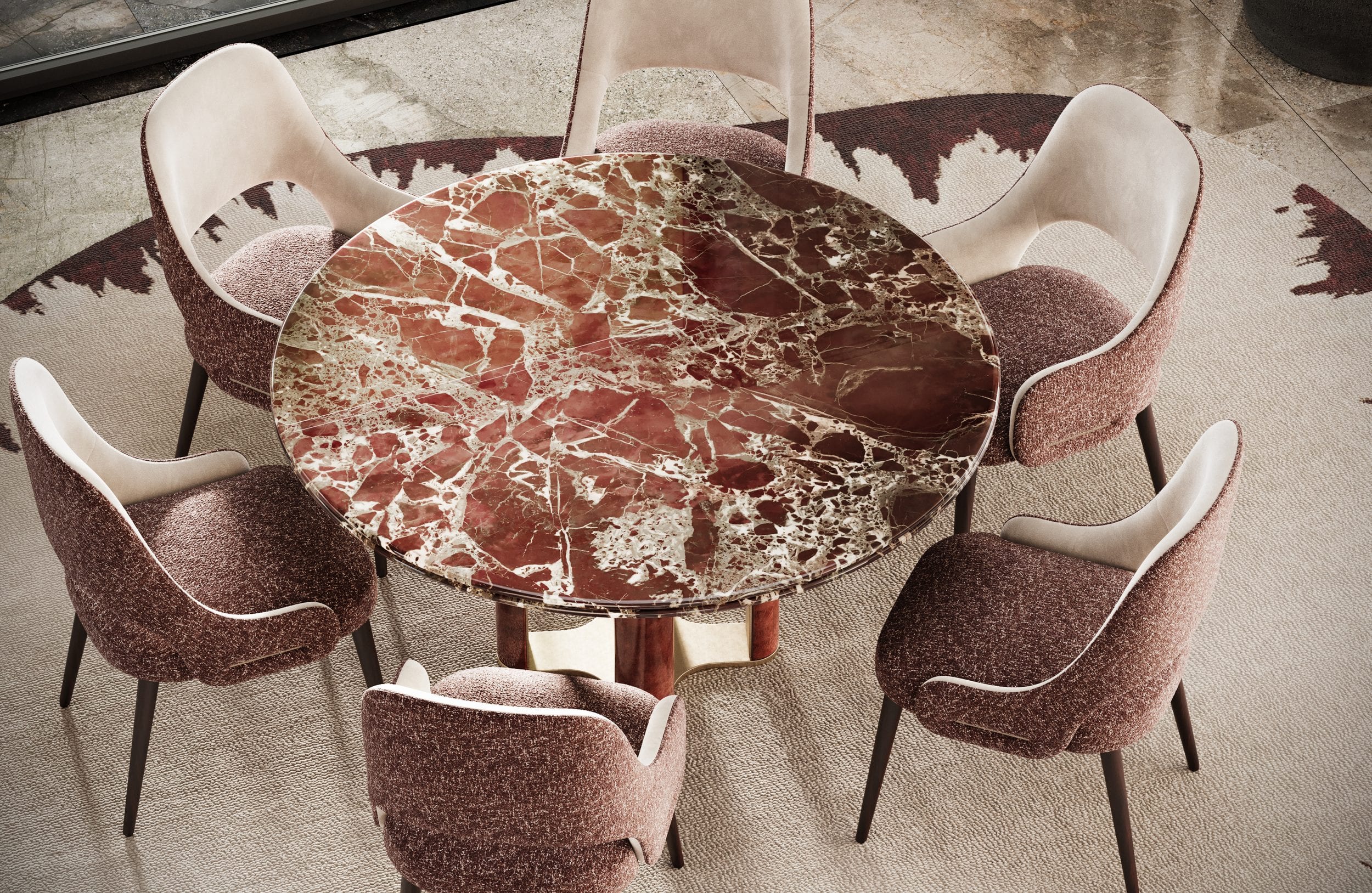 Overhead view of the red and white marble top with six chairs drawn up around it