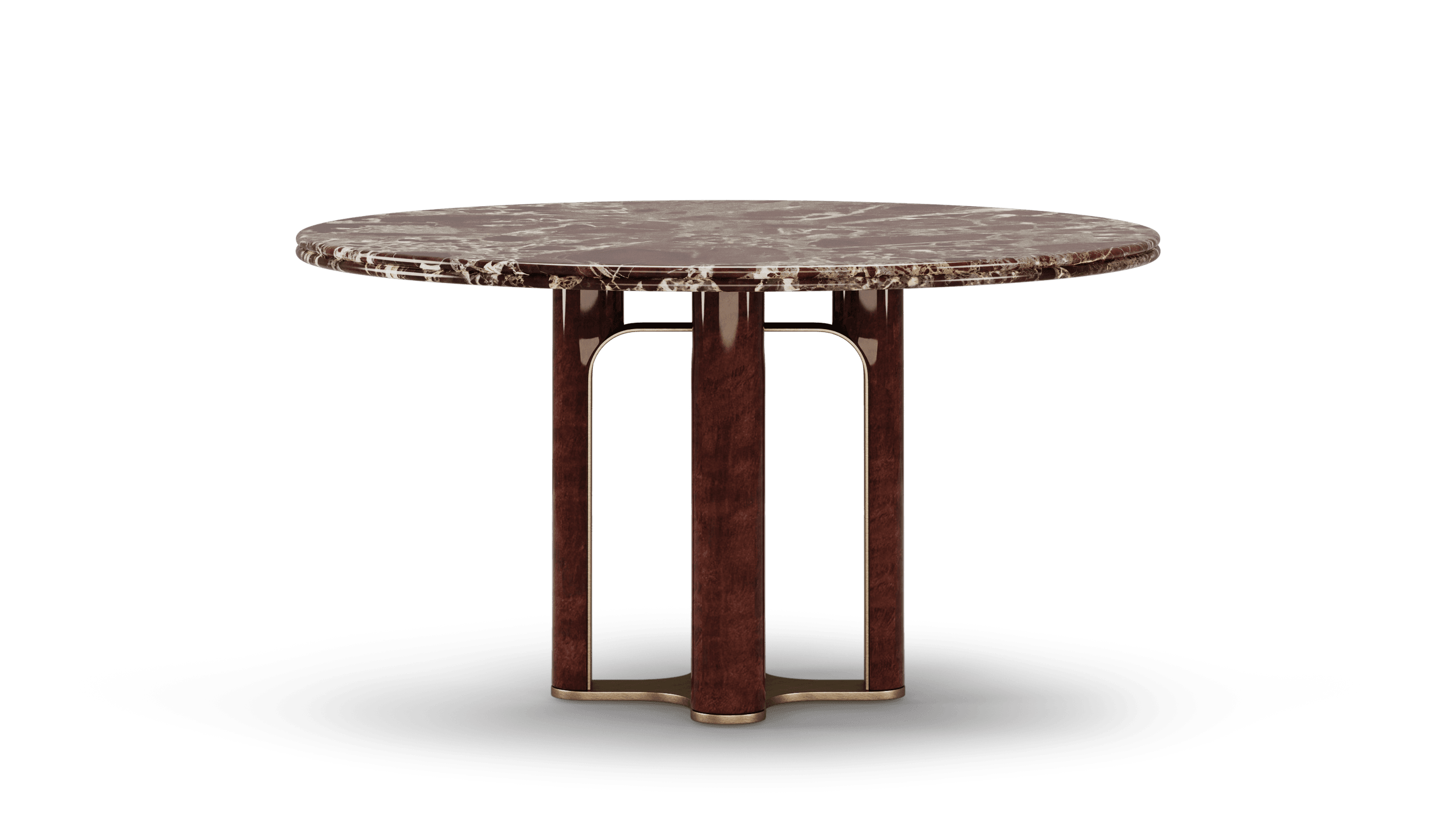 Three-quarter view showing the arched brass panels set between the eucalyptus columns