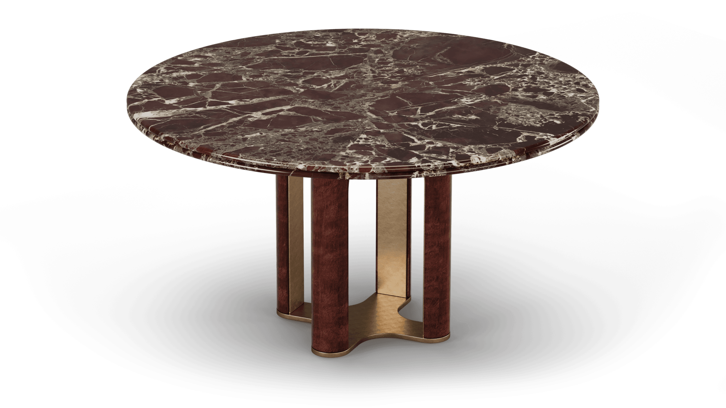 Round Rosso Levanto marble table seen from above the rim, on four deep red eucalyptus columns