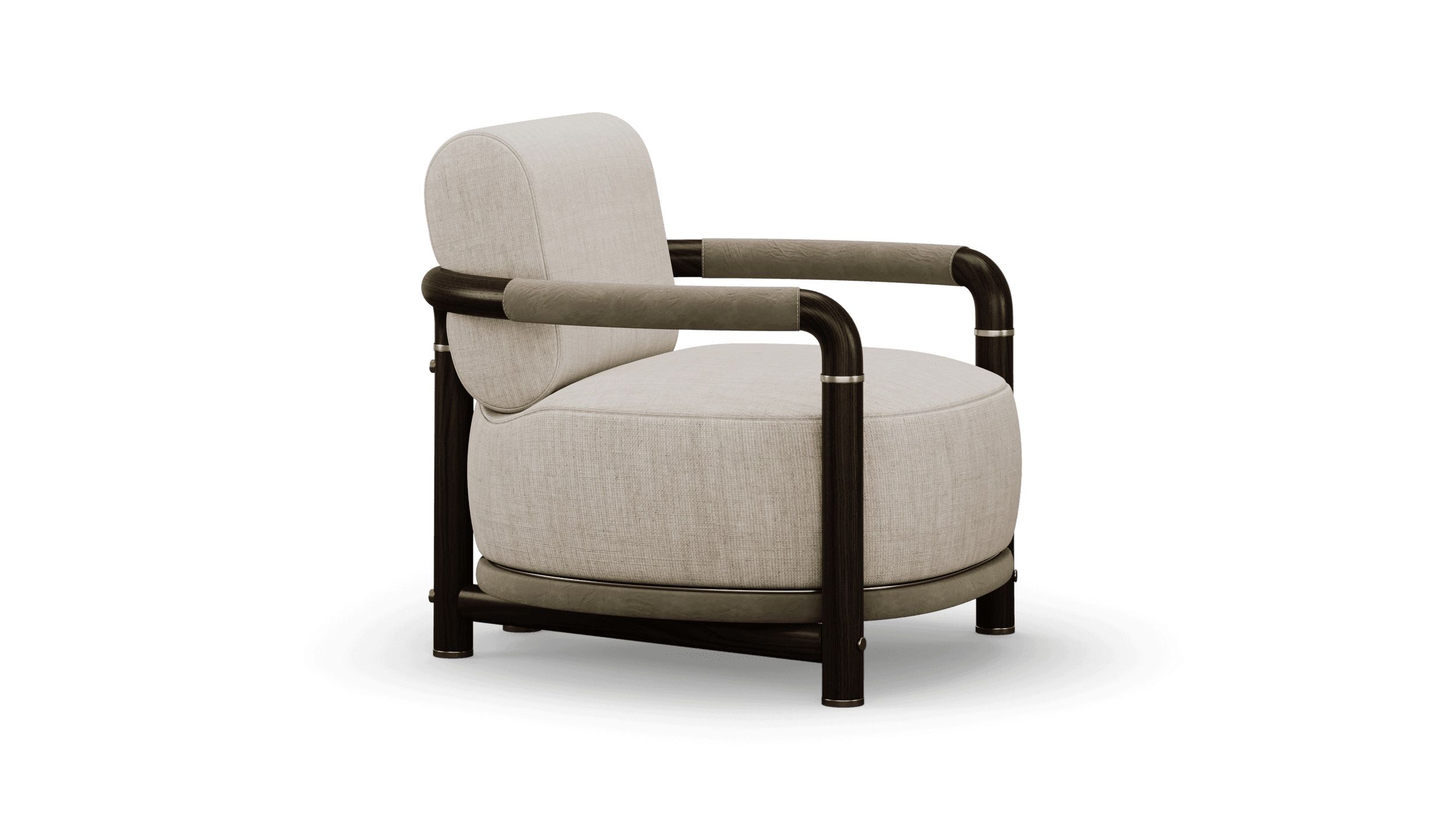Three-quarter view from the other side, the sage leather band running round the base of the seat