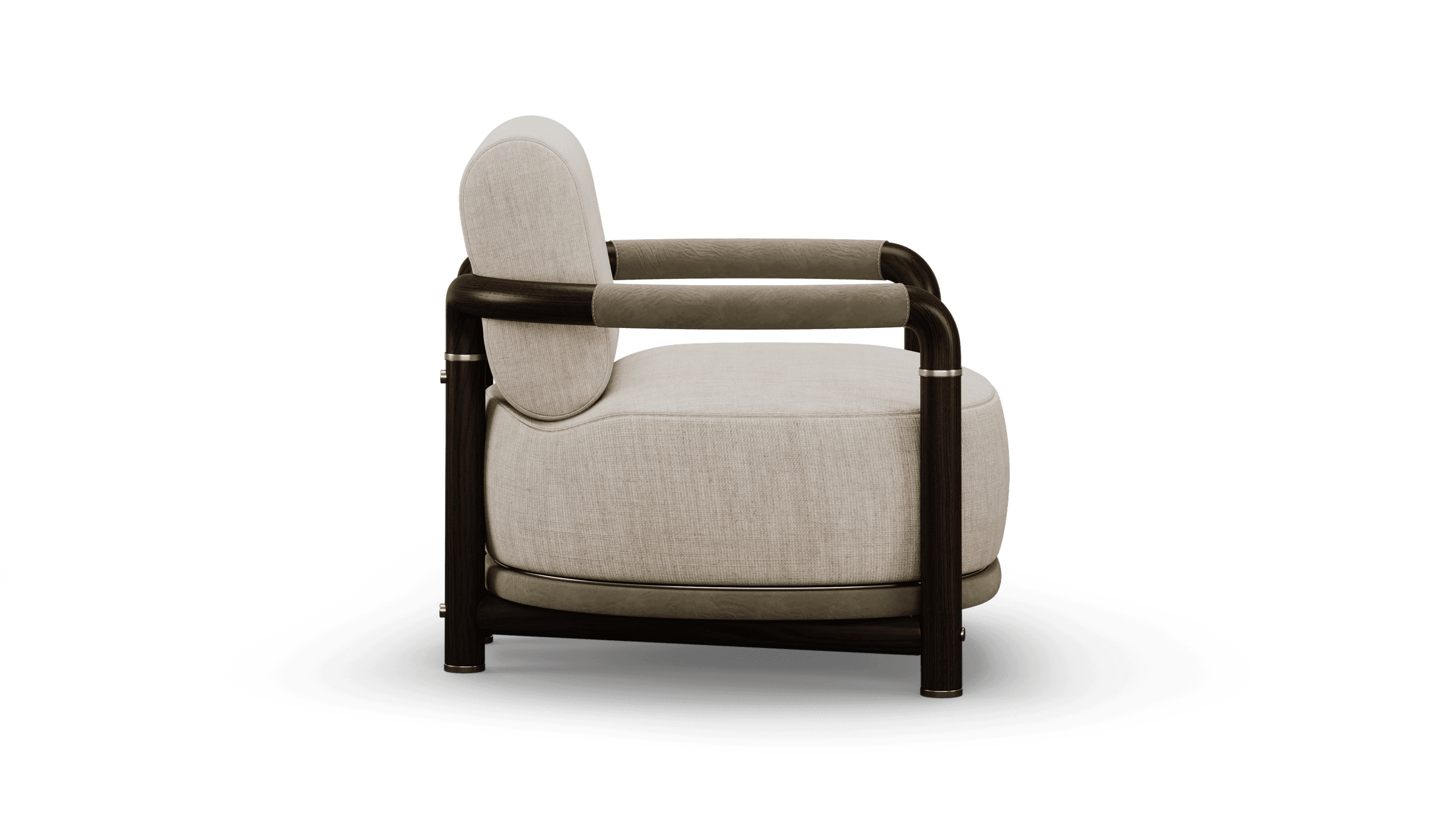 Side profile, the frame carried in one curve from the back of the arm down to the brass foot