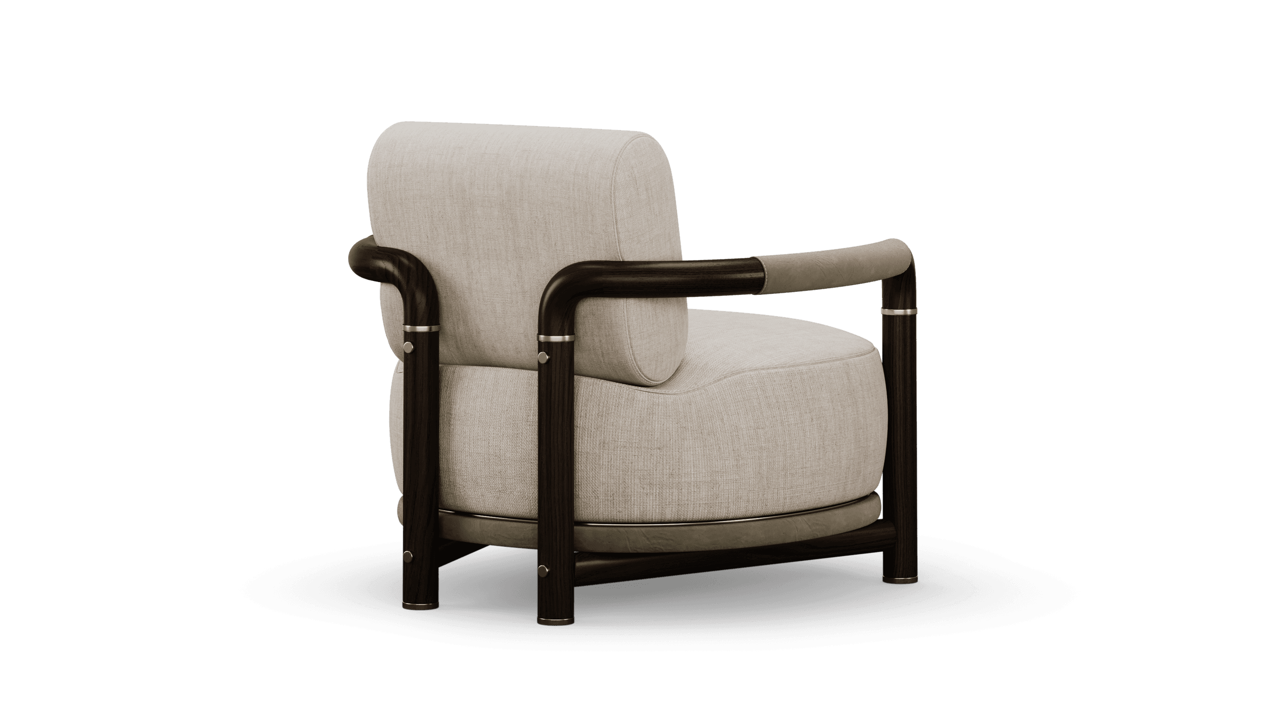 Rear three-quarter view, the rounded back cushion standing clear of the frame
