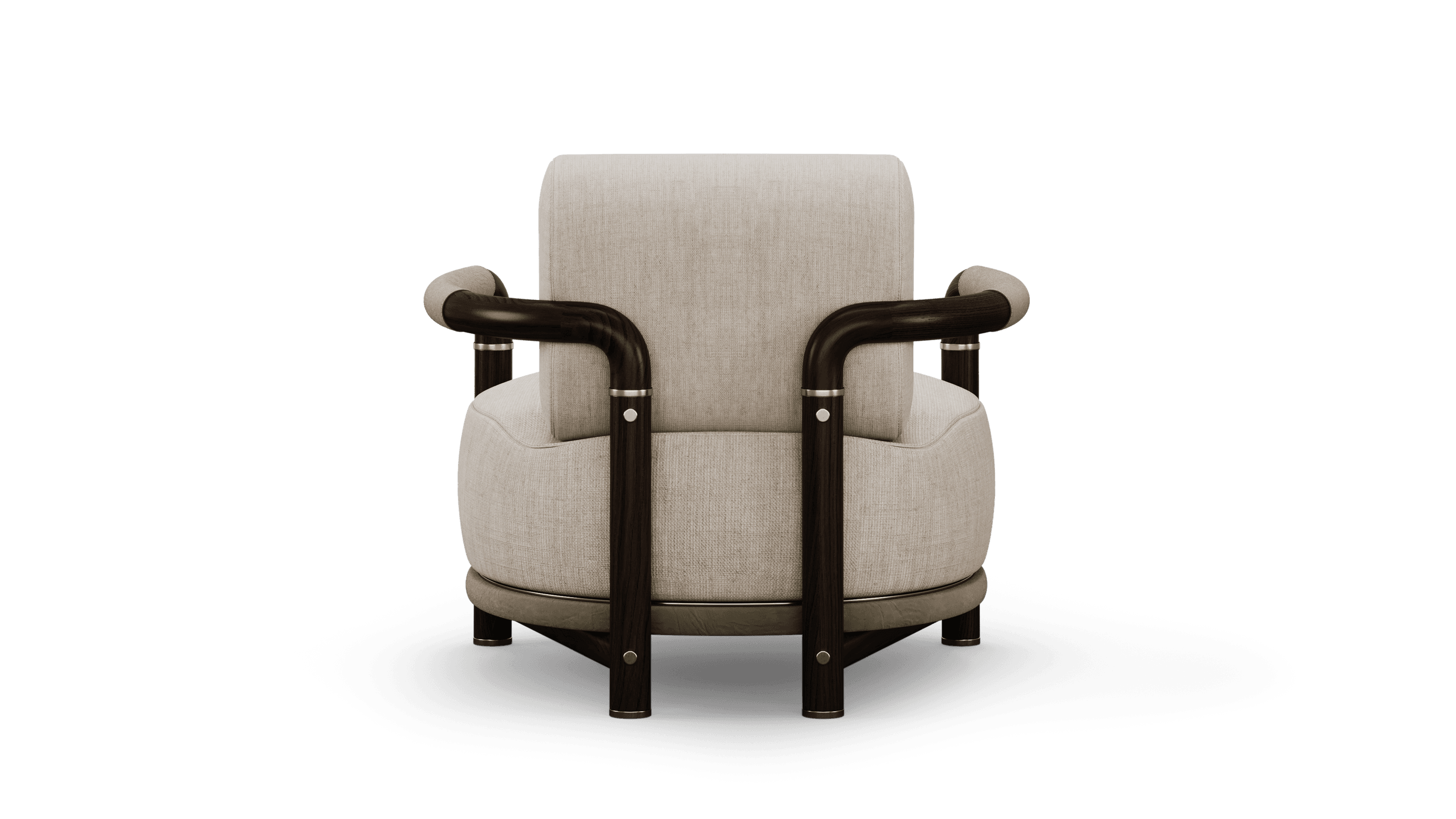 The armchair from behind, the back cushion rising above the leather-banded seat between two curved legs