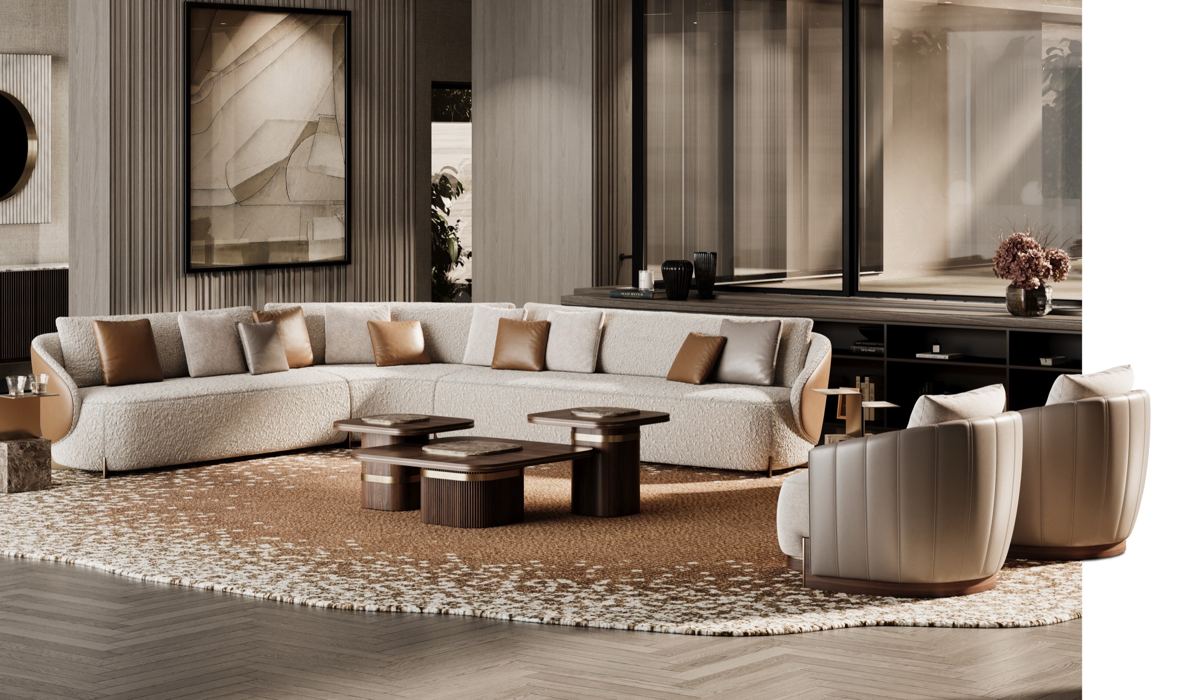 Lisbon living room — a curved cream bouclé sectional with channel-tufted leather swivel chairs and stacked sculptural coffee tables on herringbone floors