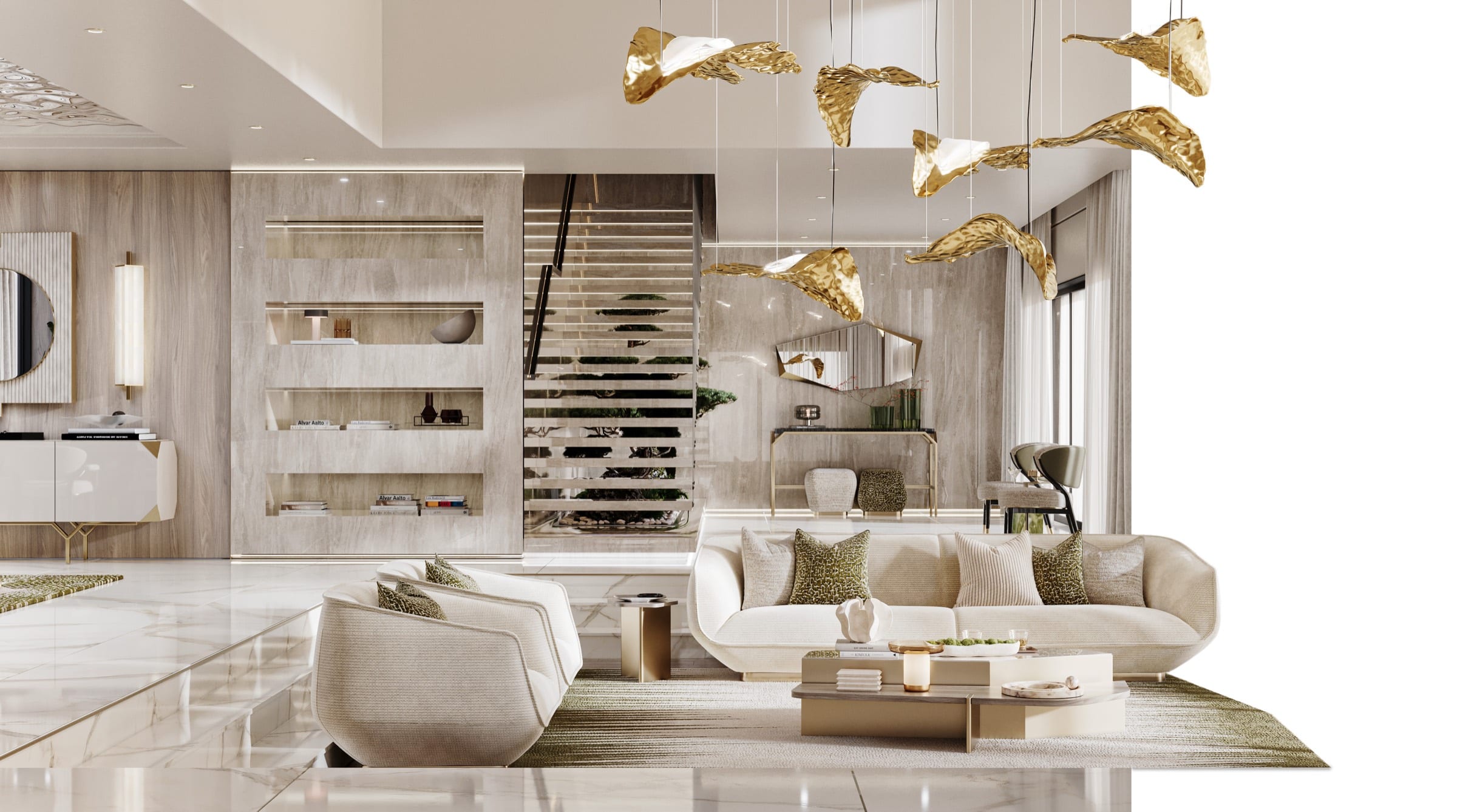 Brasília living room — curved cream bouclé seating around a stone coffee table beneath a sculptural gold pendant installation