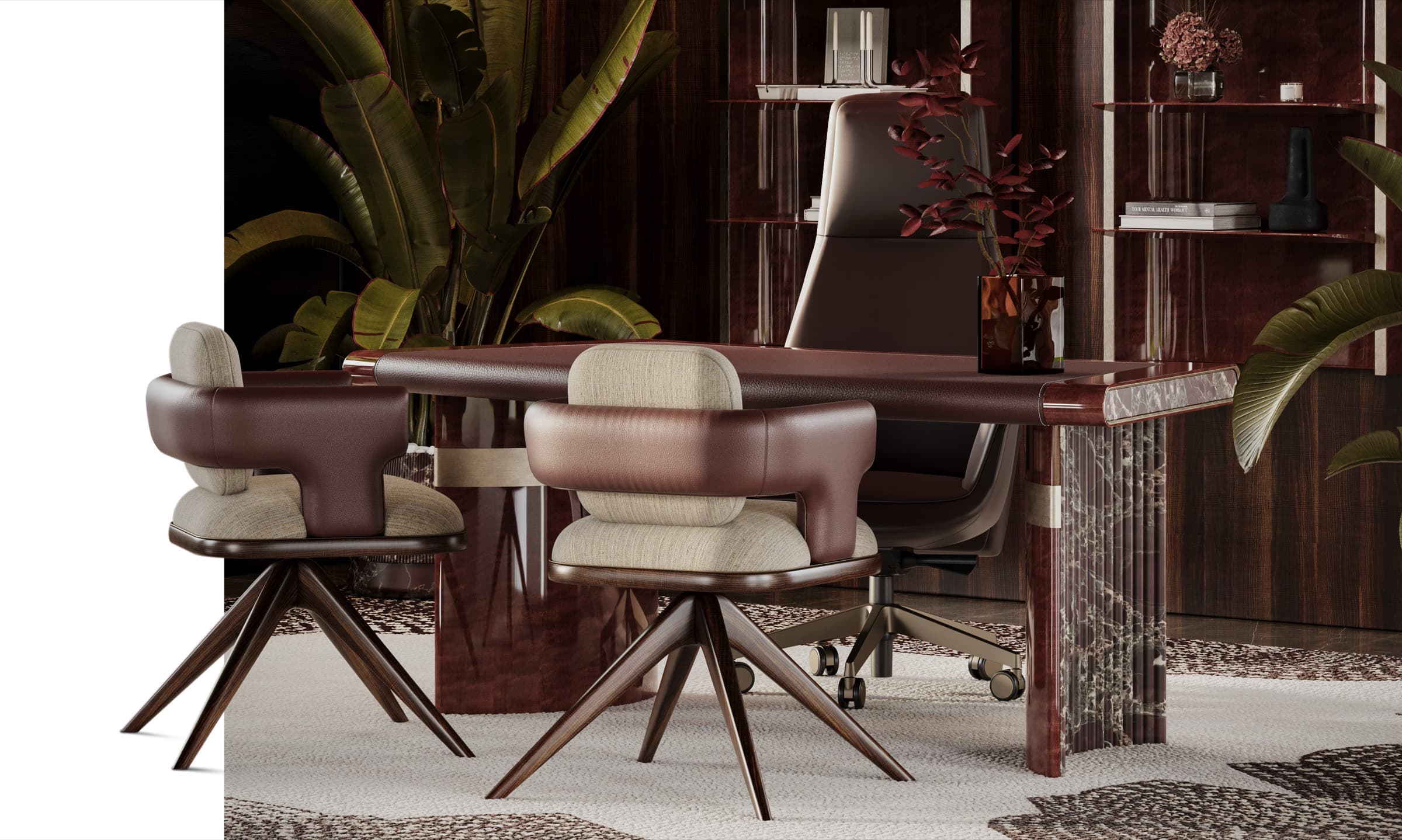 Lagos home office — a high-gloss lacquered desk with stone-and-brass detailing, a leather executive chair and oxblood swivel guest chairs against glossy red shelving