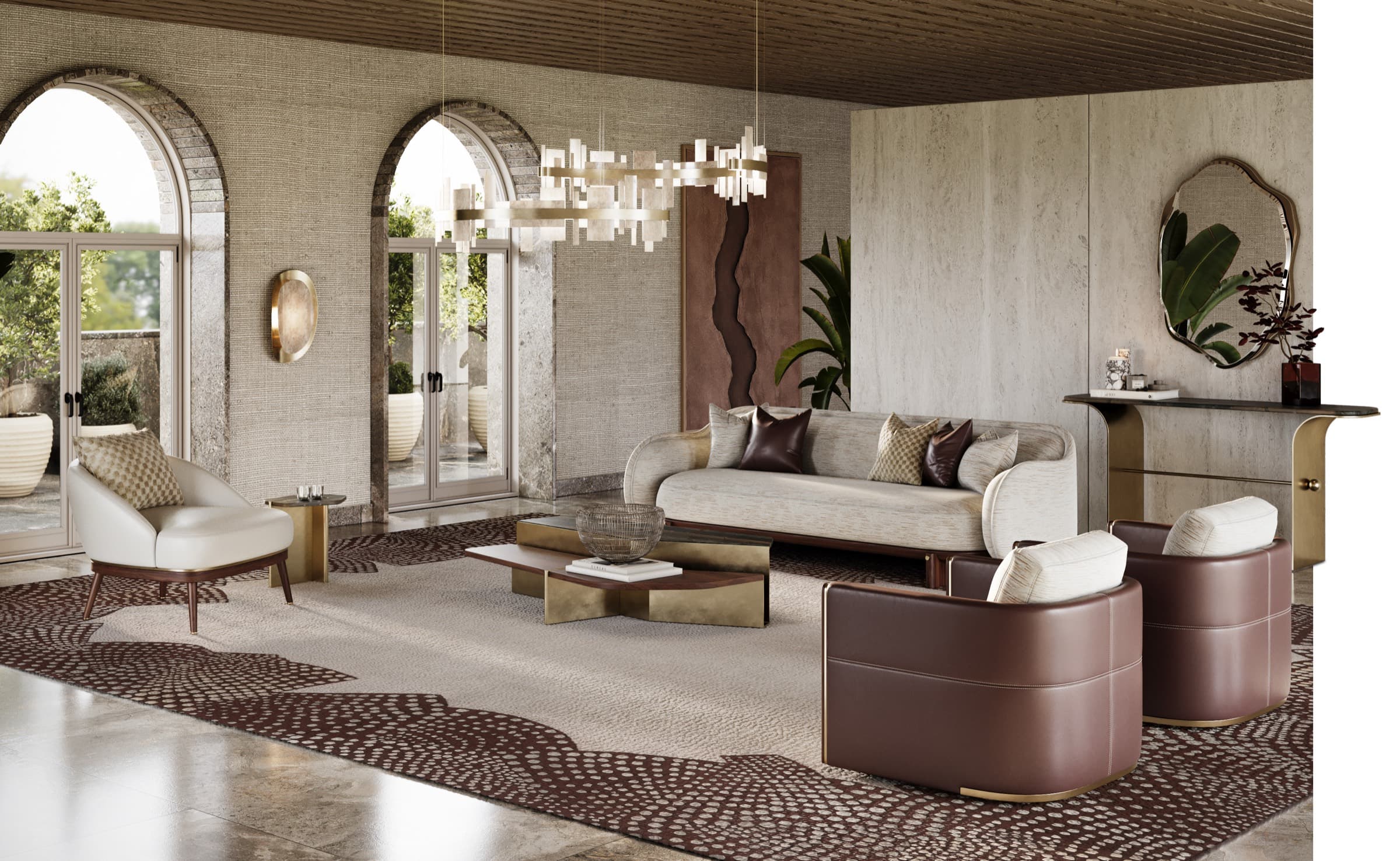 Venice living room — a long cream sofa with oxblood leather barrel chairs around clustered bronze-and-stone tables against travertine walls