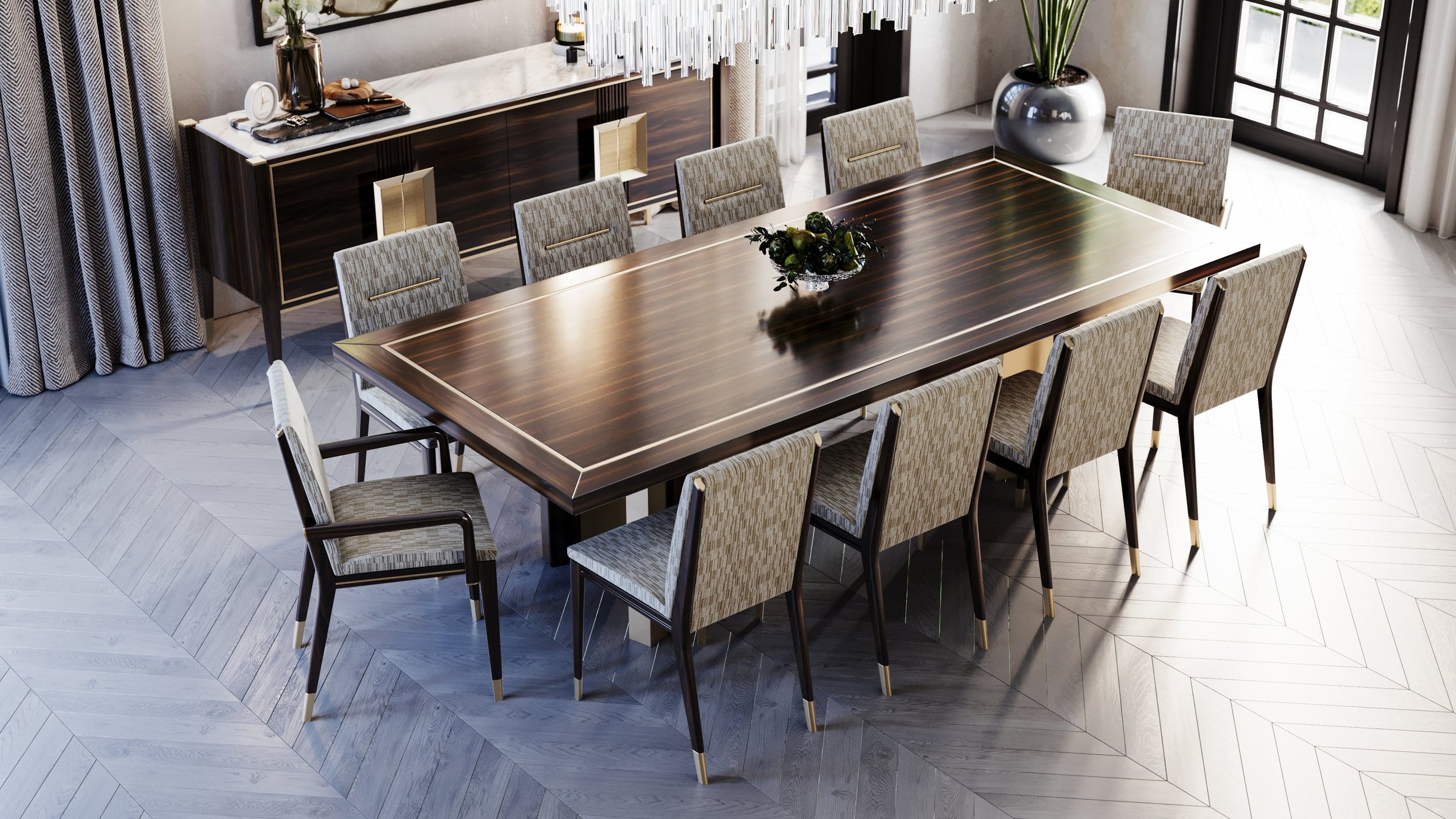 High-end dining room interior with a bespoke walnut table, upholstered chairs and brass-detailed sideboard