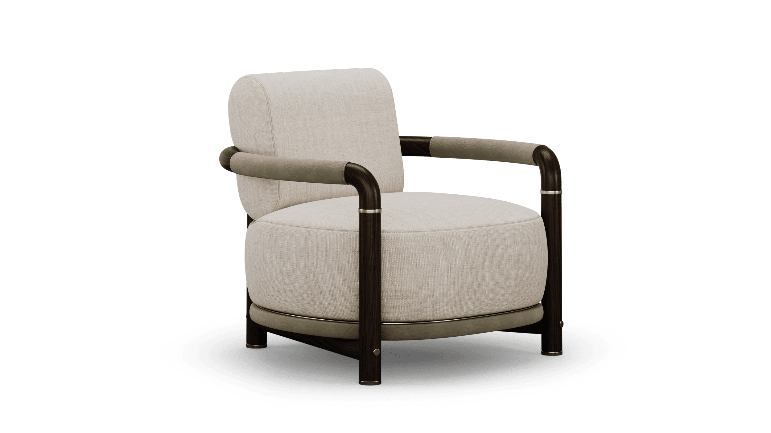 Armchair at three-quarters, a dark-stained wood frame curving from arm to leg around a round ivory linen seat